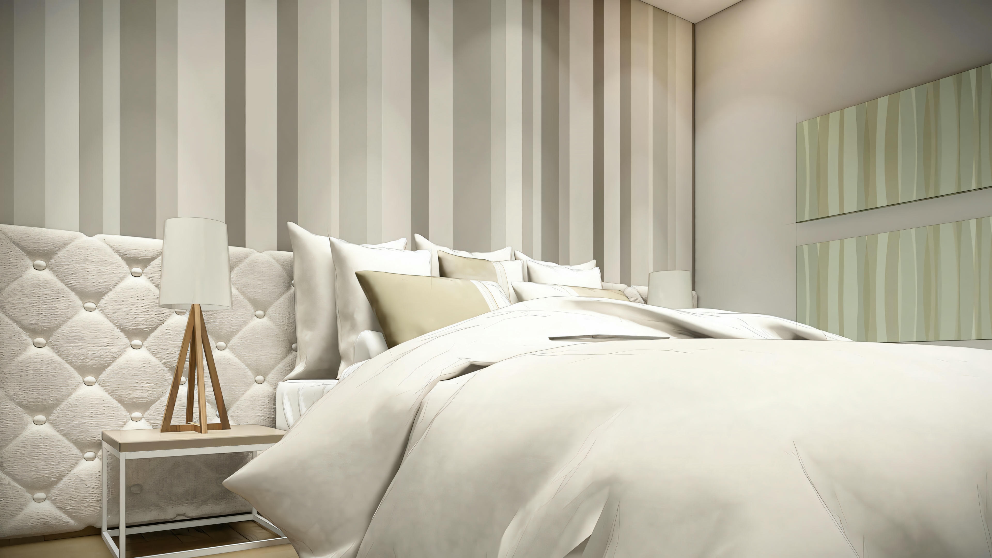 Una habitación con una cama y mobiliario moderno.