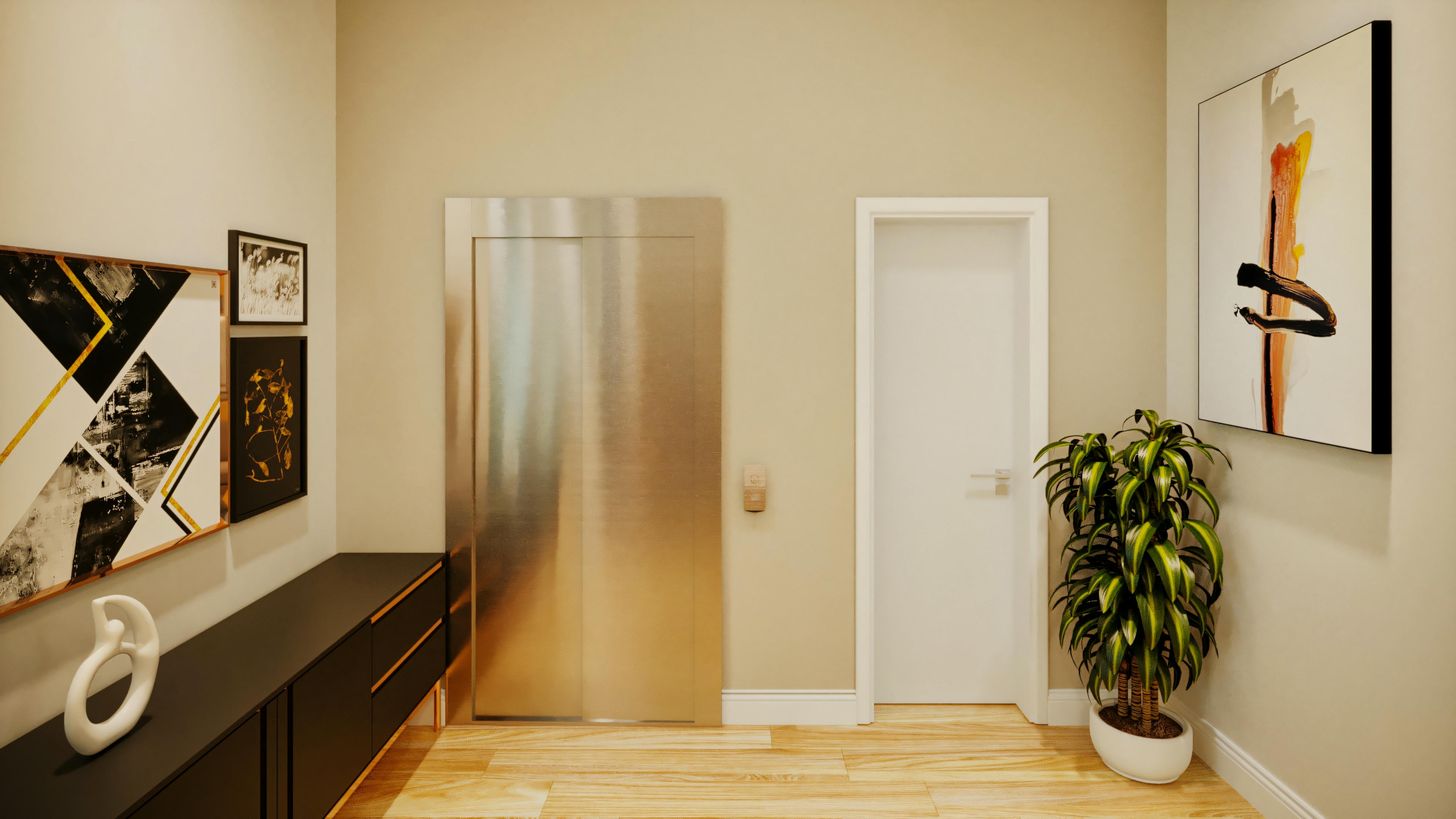 Access hall with private elevator in a high-standard house with 3 suites, pool and luxury gourmet area. The space is decorated with a console table, modern paintings and vegetation, demonstrating the elegance and functionality of the 335.08sqm project.