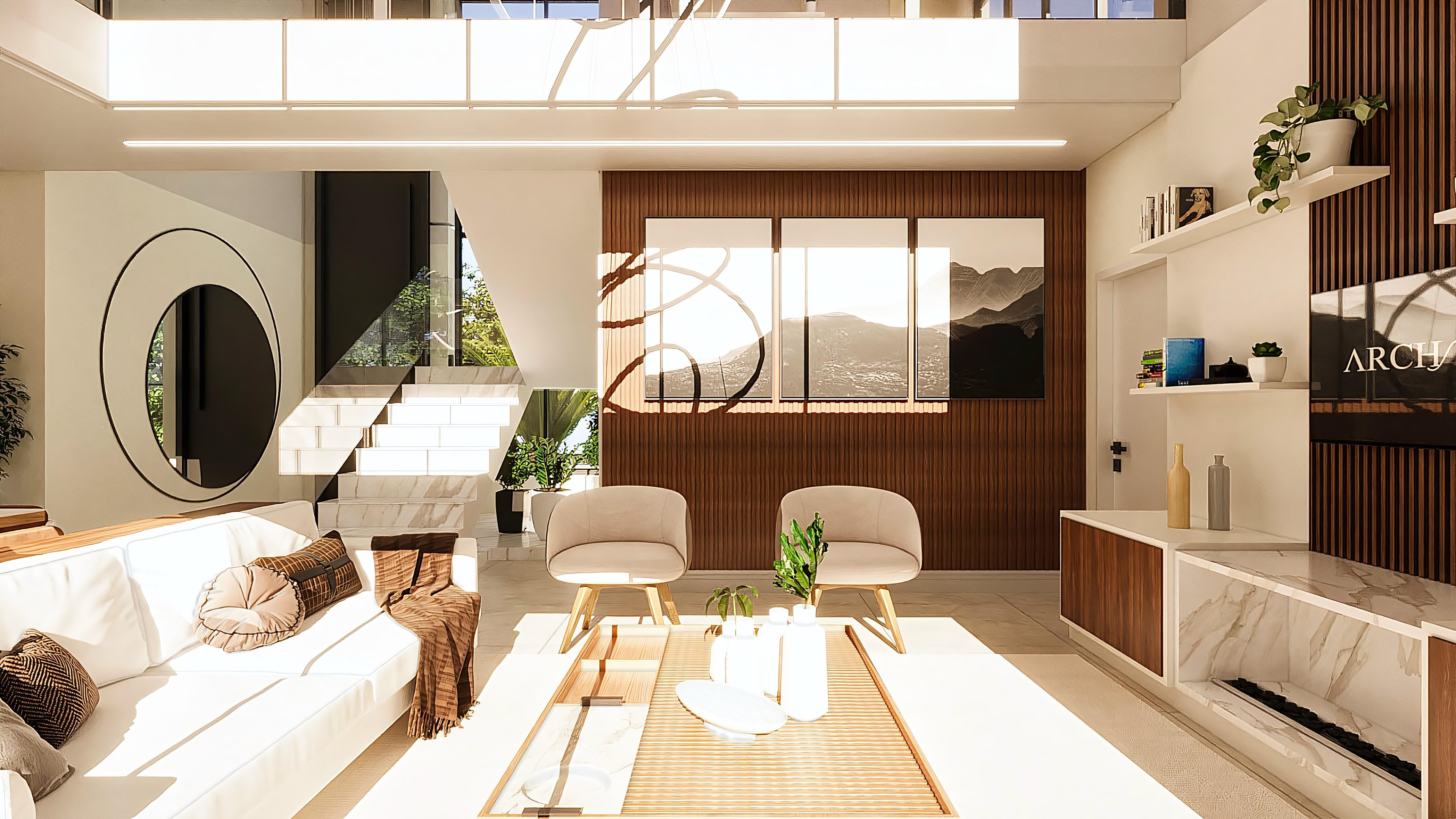 Interior of a neoclassical two-story house with an illuminated staircase, wood paneling, artwork, and modern furniture.