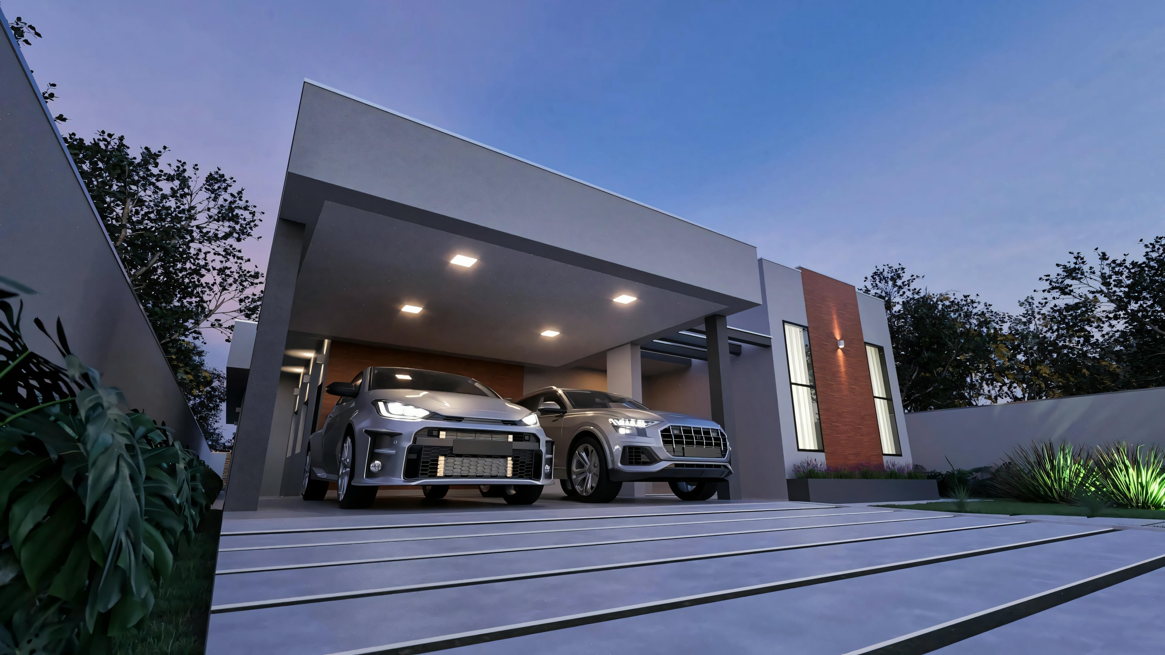 Night view of the entrance and garage for 2 cars of a bungalow house with 3 suites; project with built-in lighting and modern design.