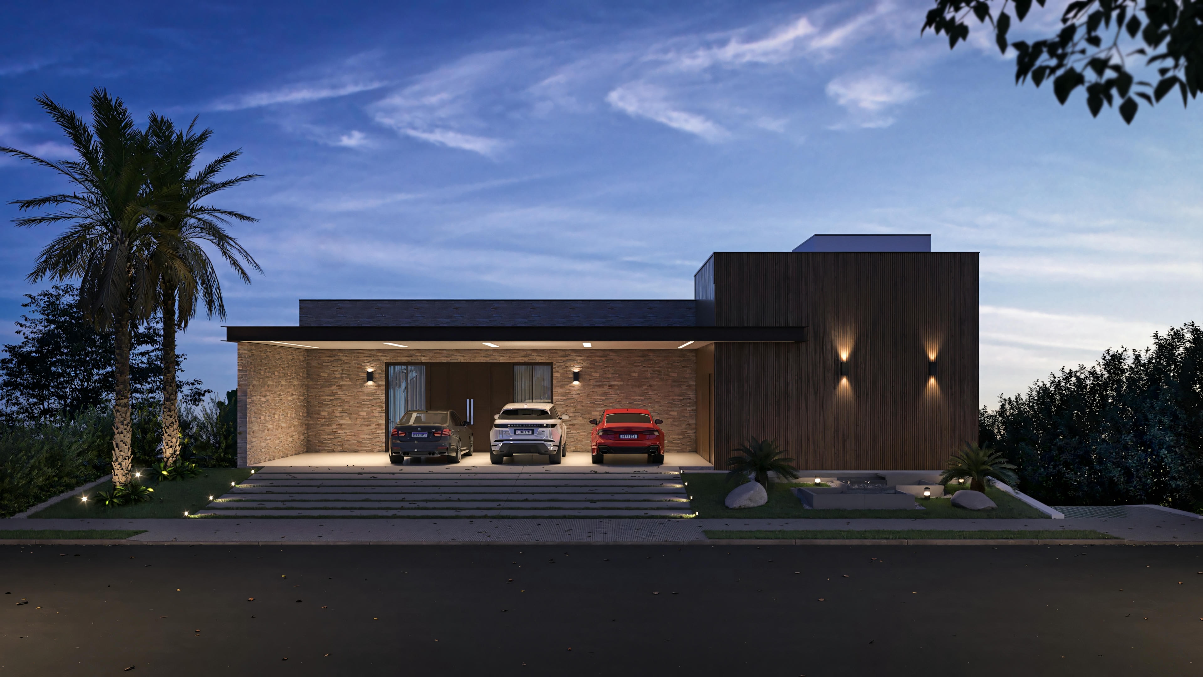 Interior environment of an imposing modern house project, showing a double-height entrance hall, modern staircase with wooden steps and glass railing, porcelain tile flooring, pivot door, and contemporary decoration.