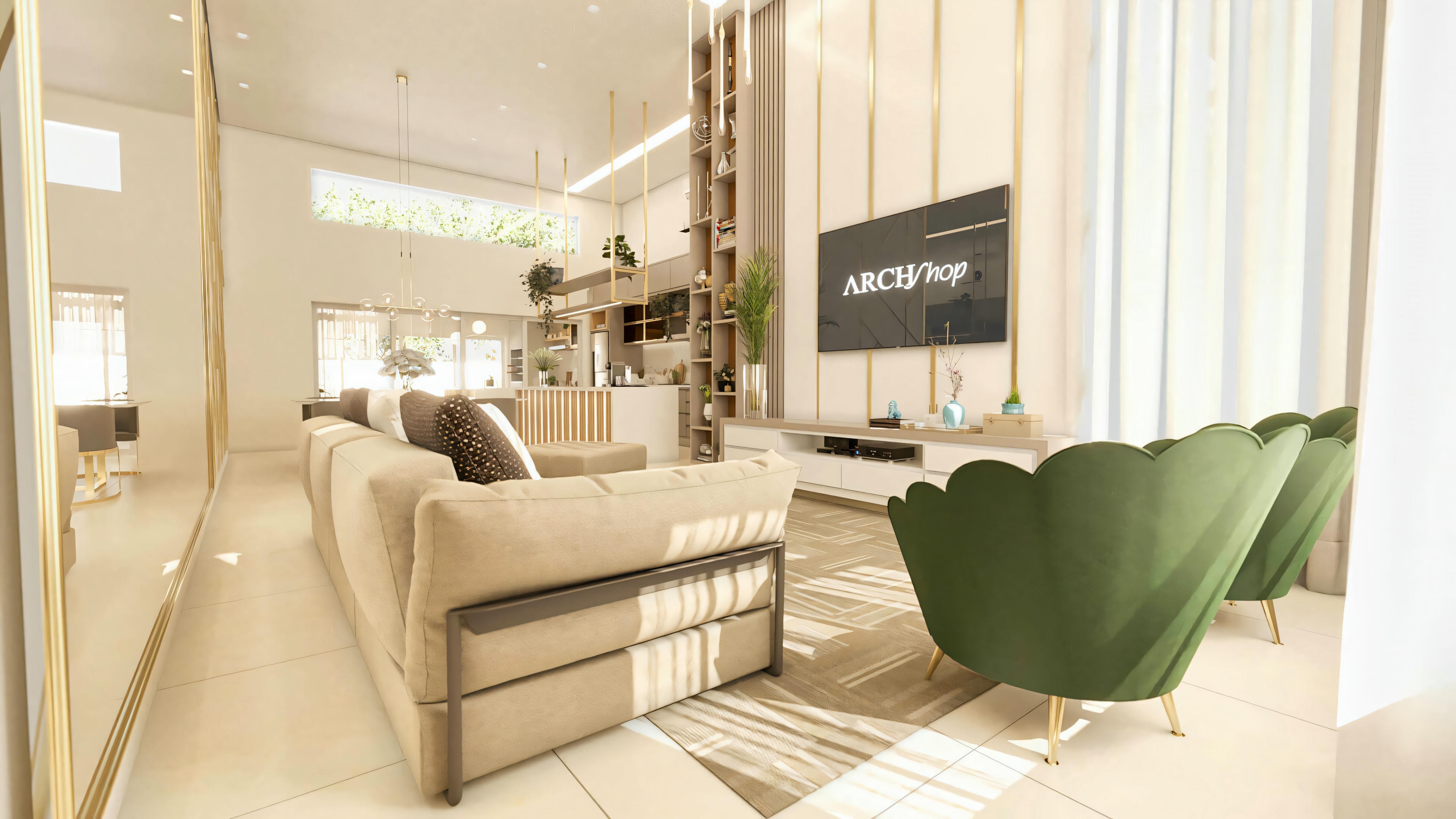Interior with integrated environments of a modern single-story house (3 bedrooms, 203.67m²), showcasing the living room, dining room, and kitchen in a spacious and connected area, with a high ceiling.