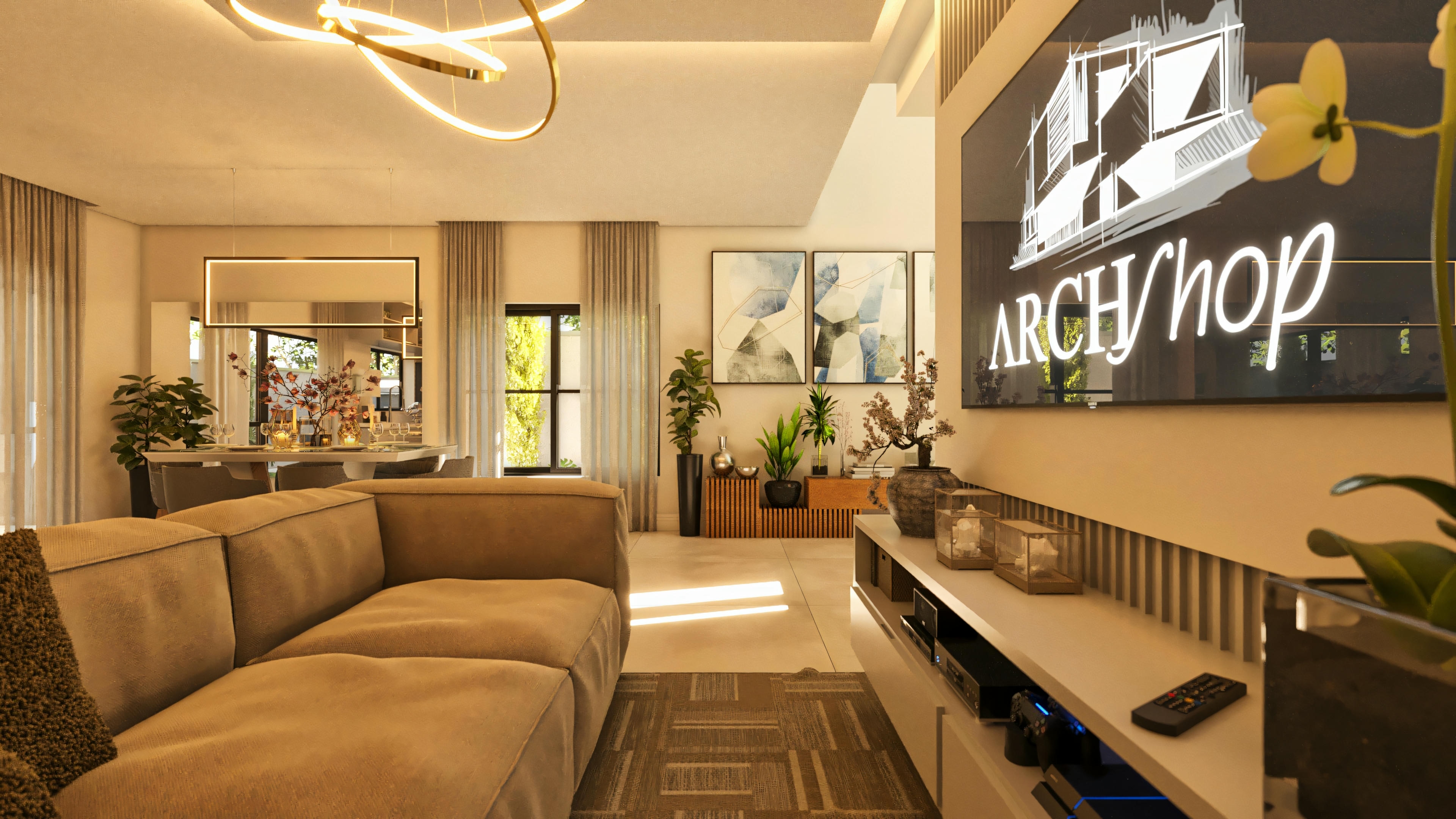 Diseño de interiores de casa de dos plantas moderna con salones de estar y comedor integrados. Vista desde el salón, mostrando sofá, área de comedor con espejo, decoración y acceso al exterior. Plano de casa de dos plantas de 210.57m².