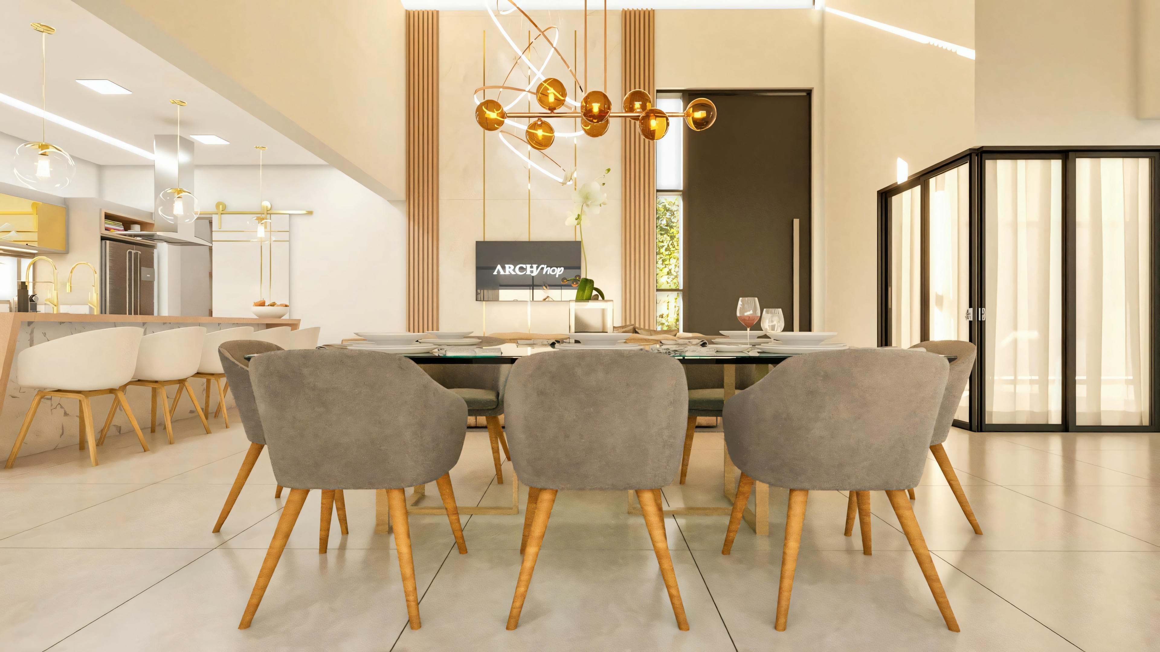 Ambiente interno de proyecto de casa moderna imponente, mostrando hall de entrada con doble altura, escalera moderna con peldaños de madera y barandal de vidrio, piso en porcelanato, puerta pivotante y decoración contemporánea.