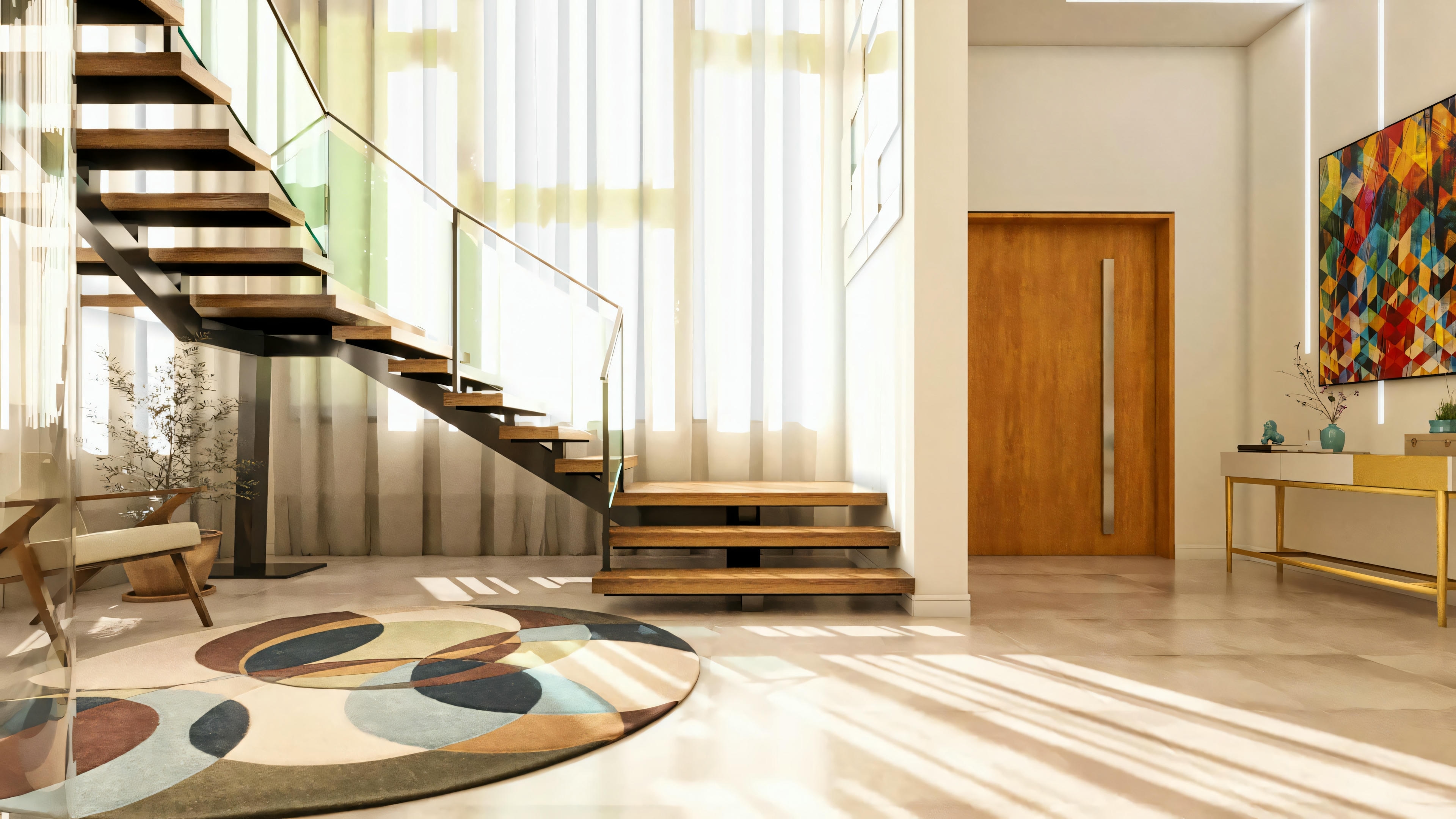 Ambiente interno de proyecto de casa moderna imponente, mostrando hall de entrada con doble altura, escalera moderna con peldaños en madera y barandal de vidrio, piso en porcelanato, puerta pivotante y decoración contemporánea.