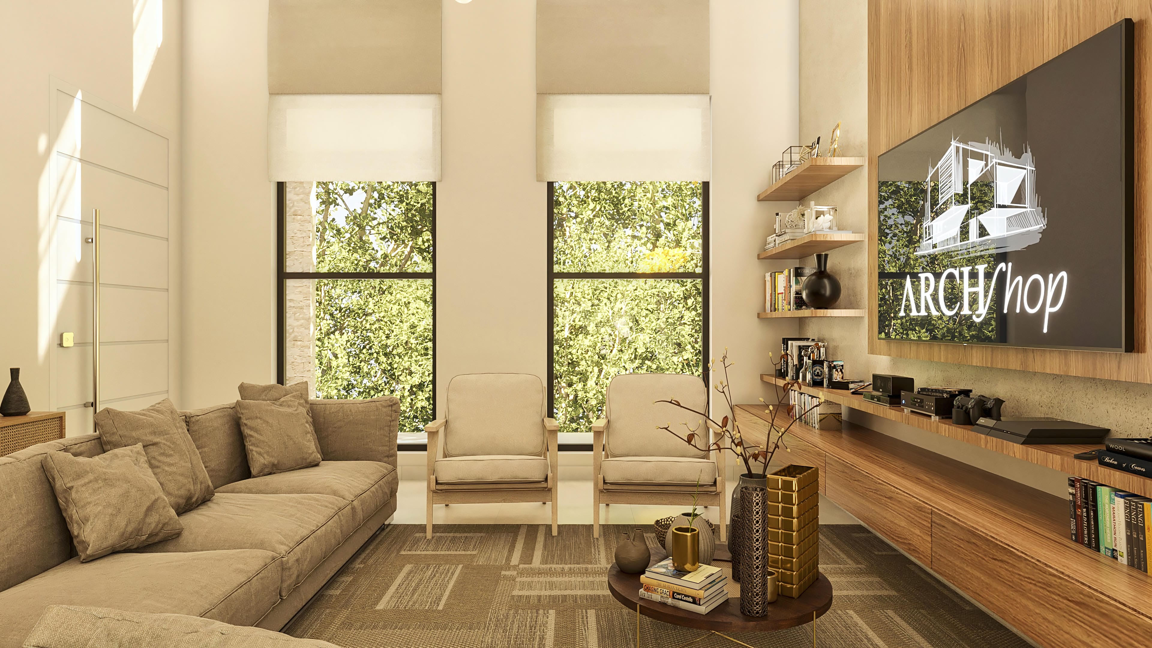 Internal environment of a modern two-story house with a large and comfortable sofa, light wood armchairs, and two wide windows that reveal lush landscaping.