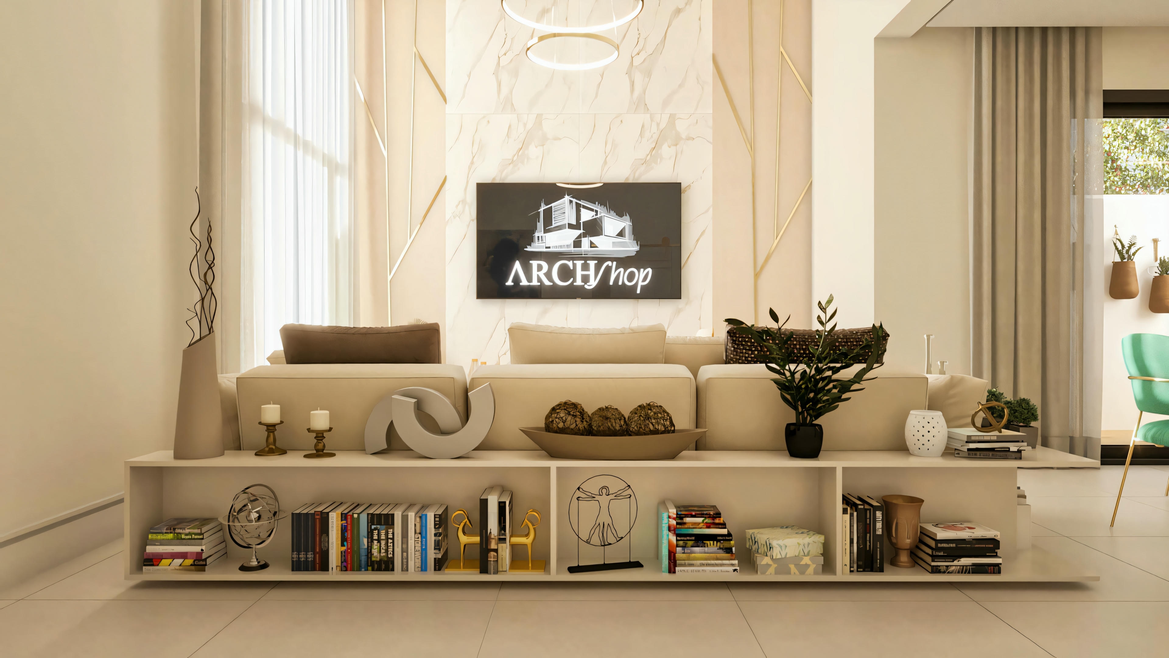 Sala de estar de casa térrea com 3 suítes, vista a partir da estante baixa utilizada como divisória ou aparador atrás do sofá. Detalhes da decoração com livros e objetos, painel de TV ao fundo. Projeto de interiores moderno.