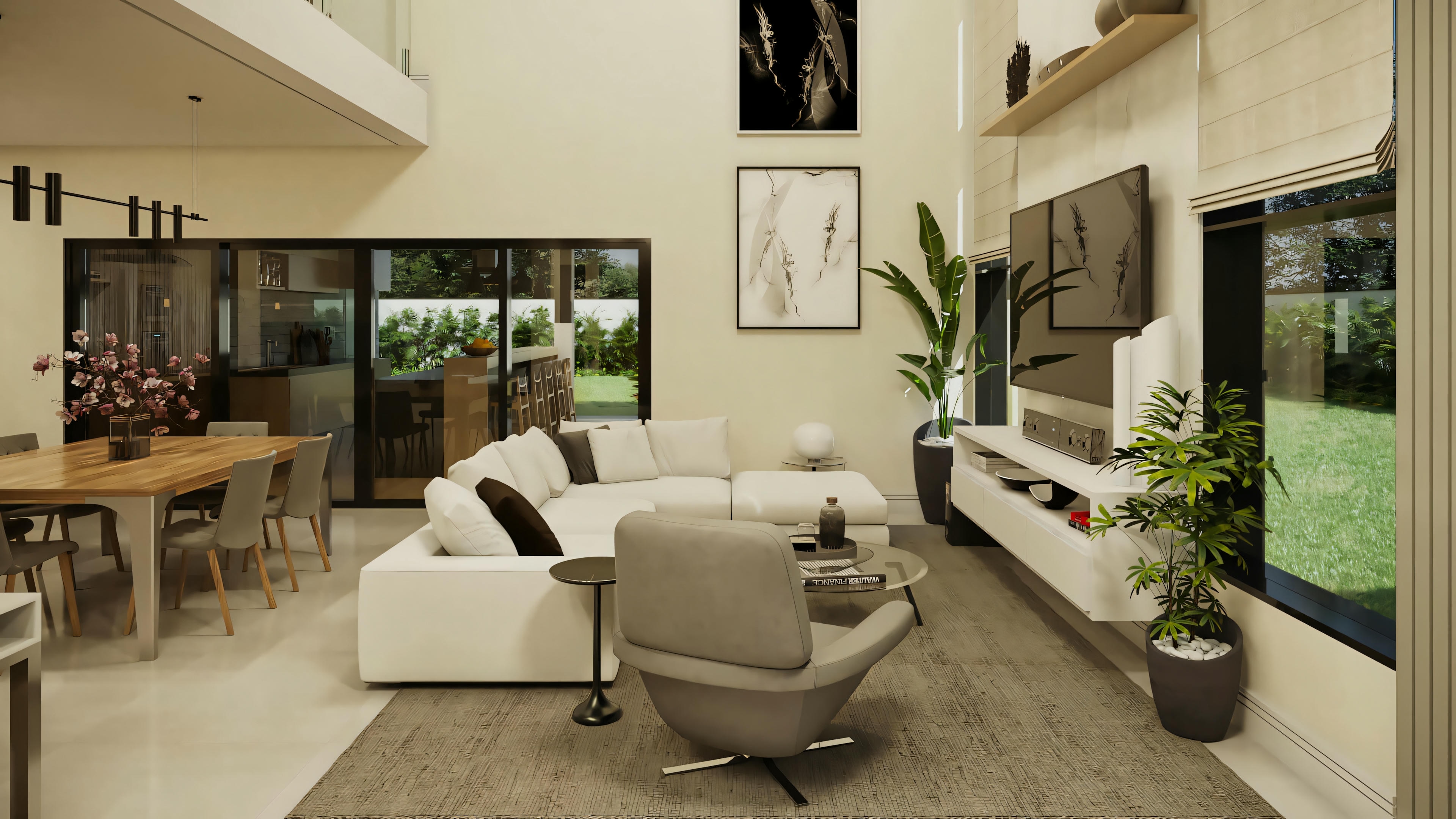 Interior de proyecto de casa lista moderna con sala de estar y comedor integrados. Amplio espacio con doble altura en la sala, sofá en L, panel de TV y acceso al área gourmet exterior.