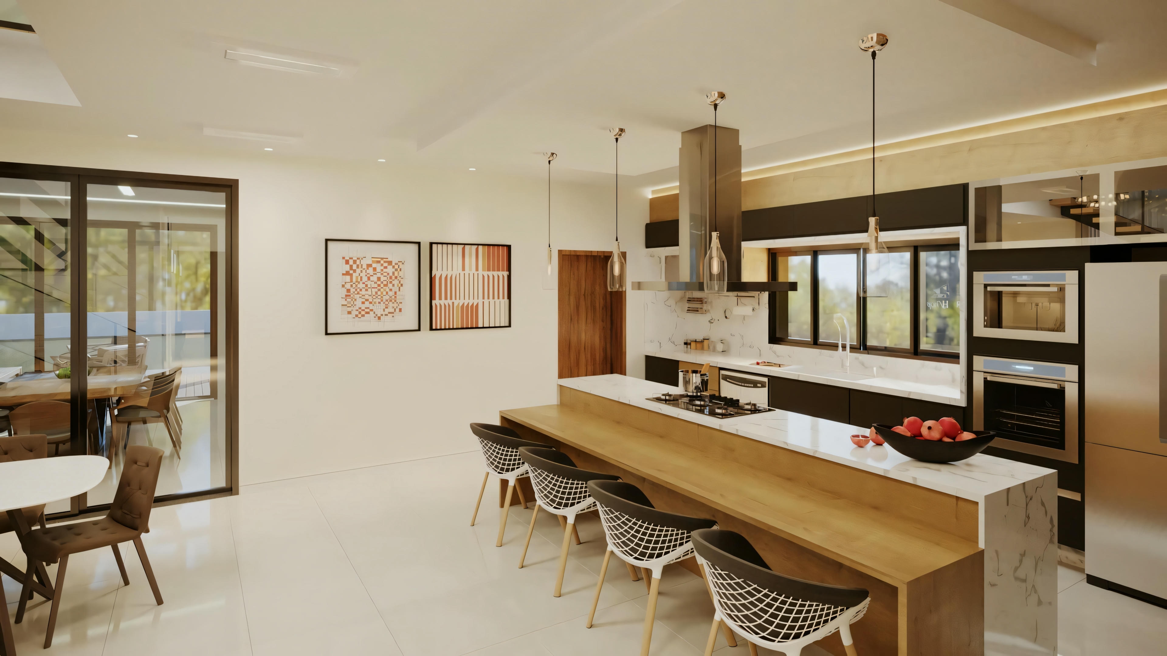 Kitchen and dining area with wooden cabinets, bar stools, and wall art.