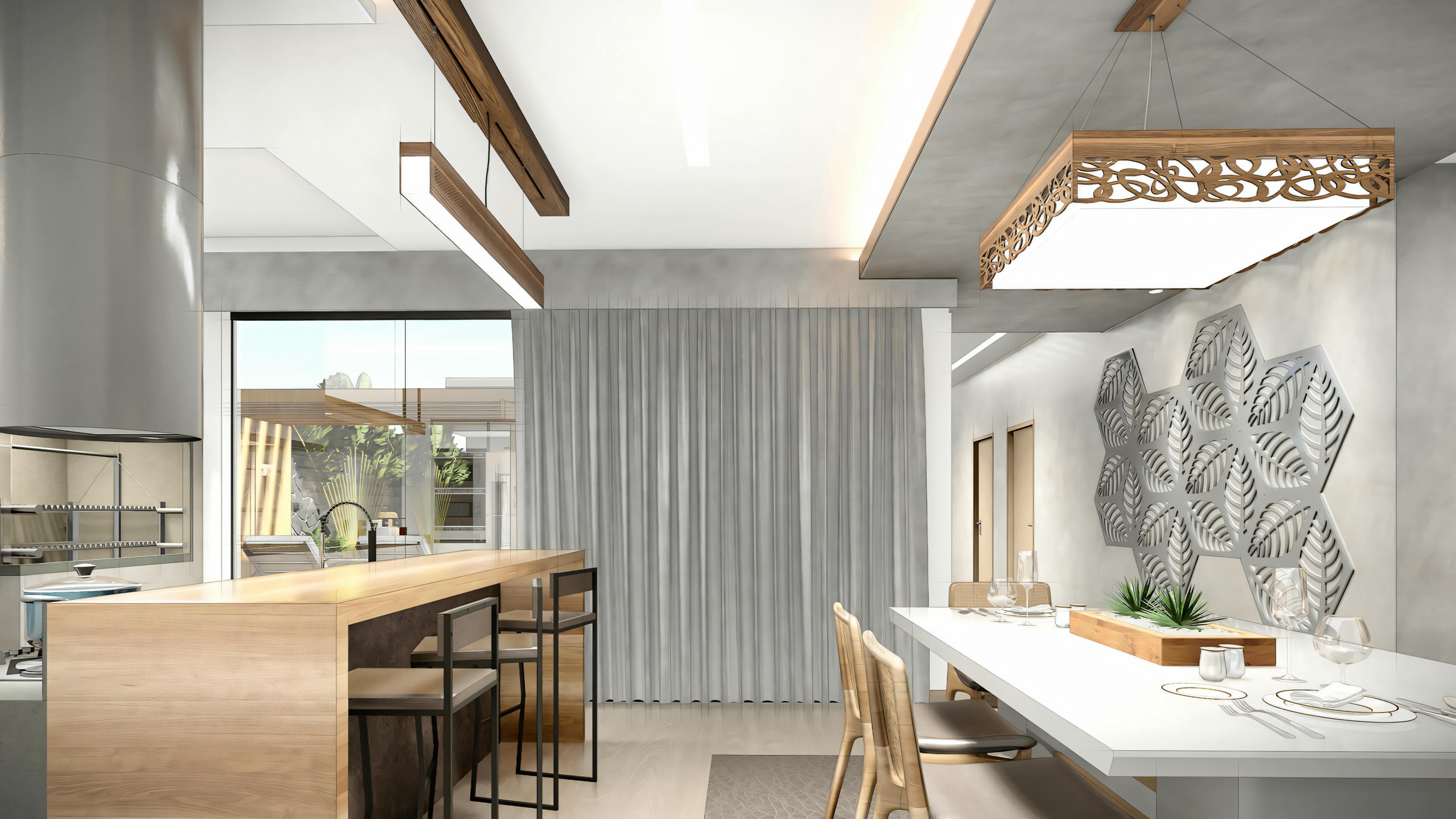 Contemporary kitchen with island, stools, and integrated lighting.