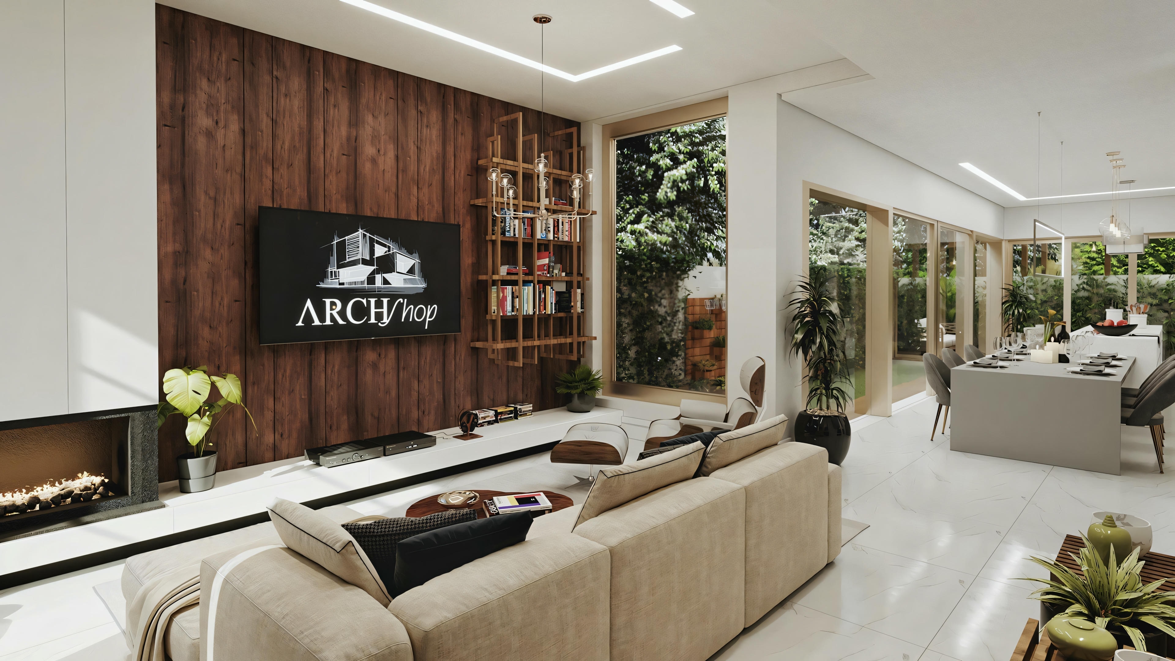 A living room with a large dark-toned entertainment unit against the wall, a set of sofas in front of it, and plenty of natural light coming through the windows.