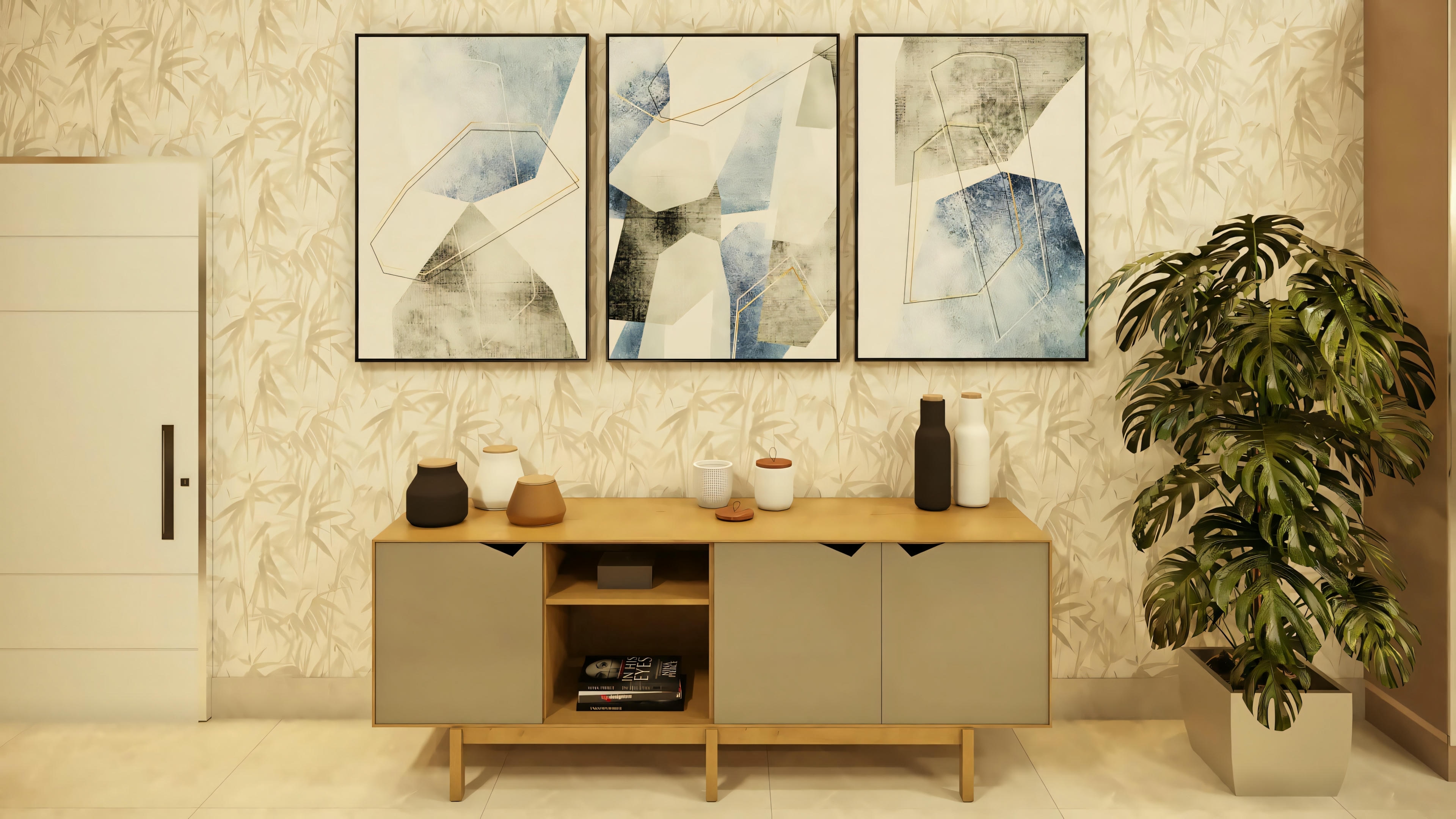 Living room with entertainment unit, wall art, and a large potted plant.