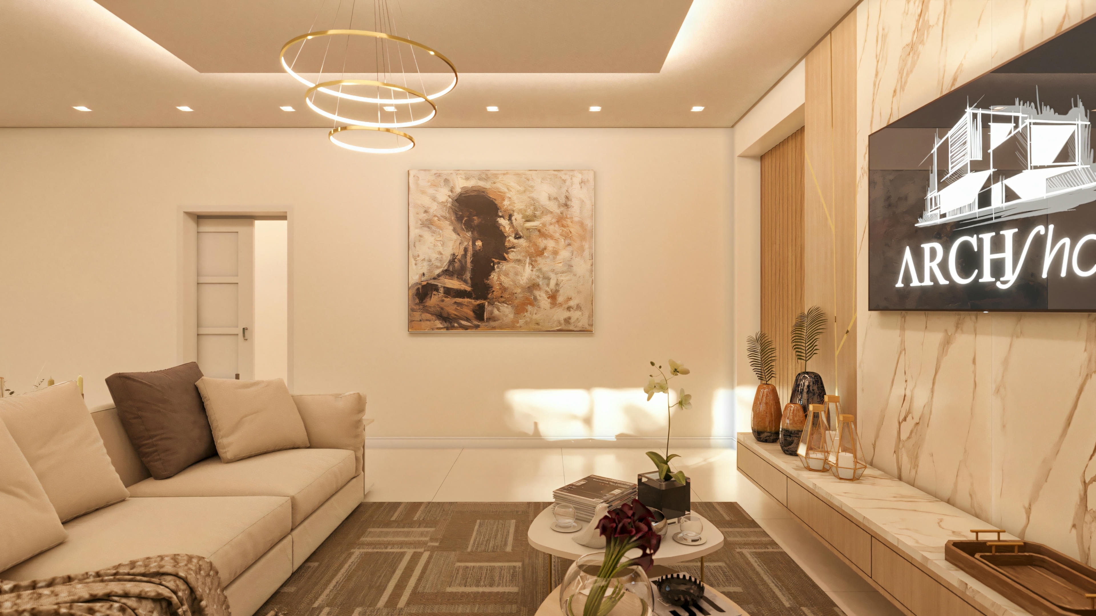 Living room project with pendant chandelier.