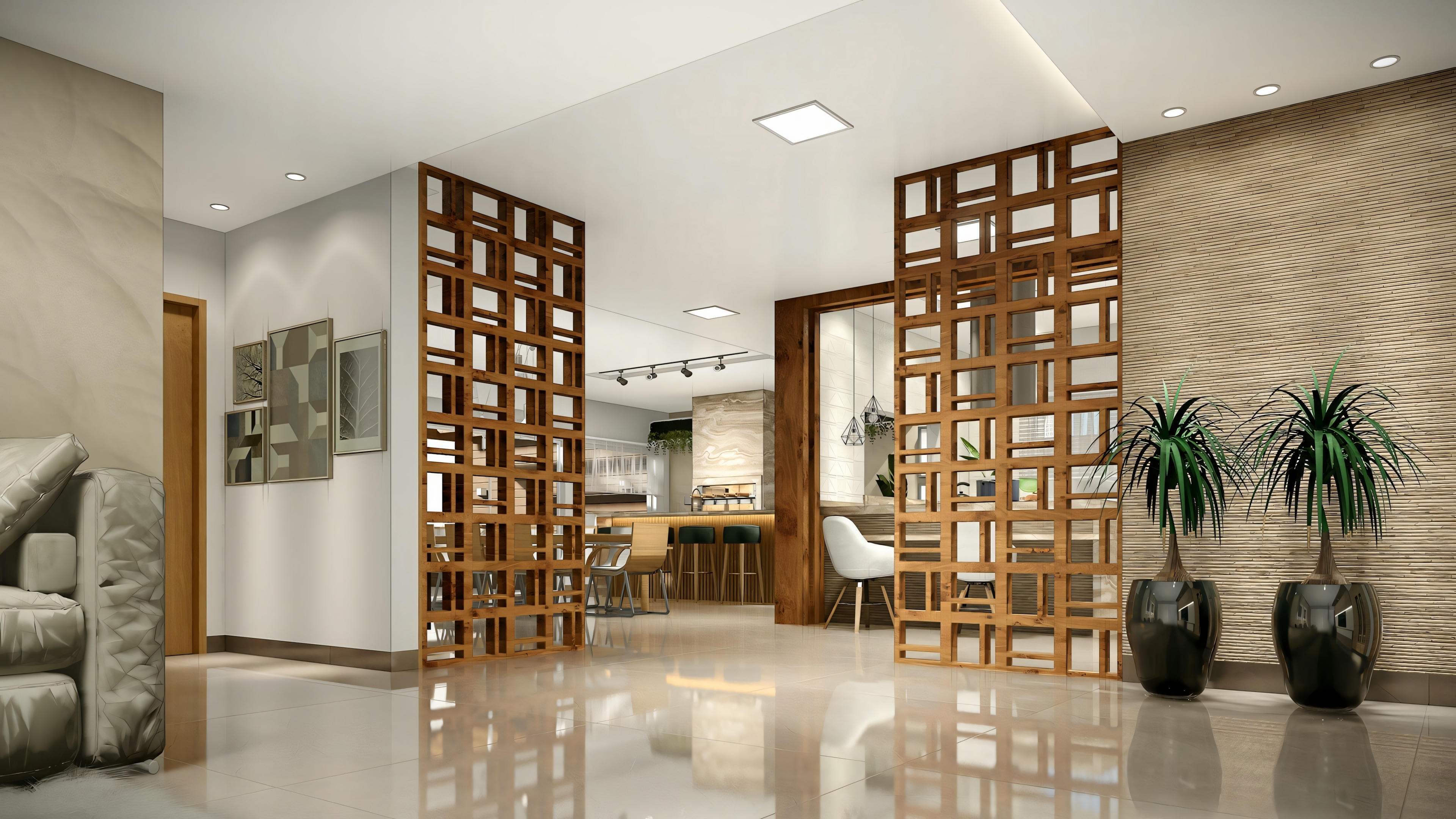A living space with bookshelves, a sofa set, and an open layout leading to other rooms.