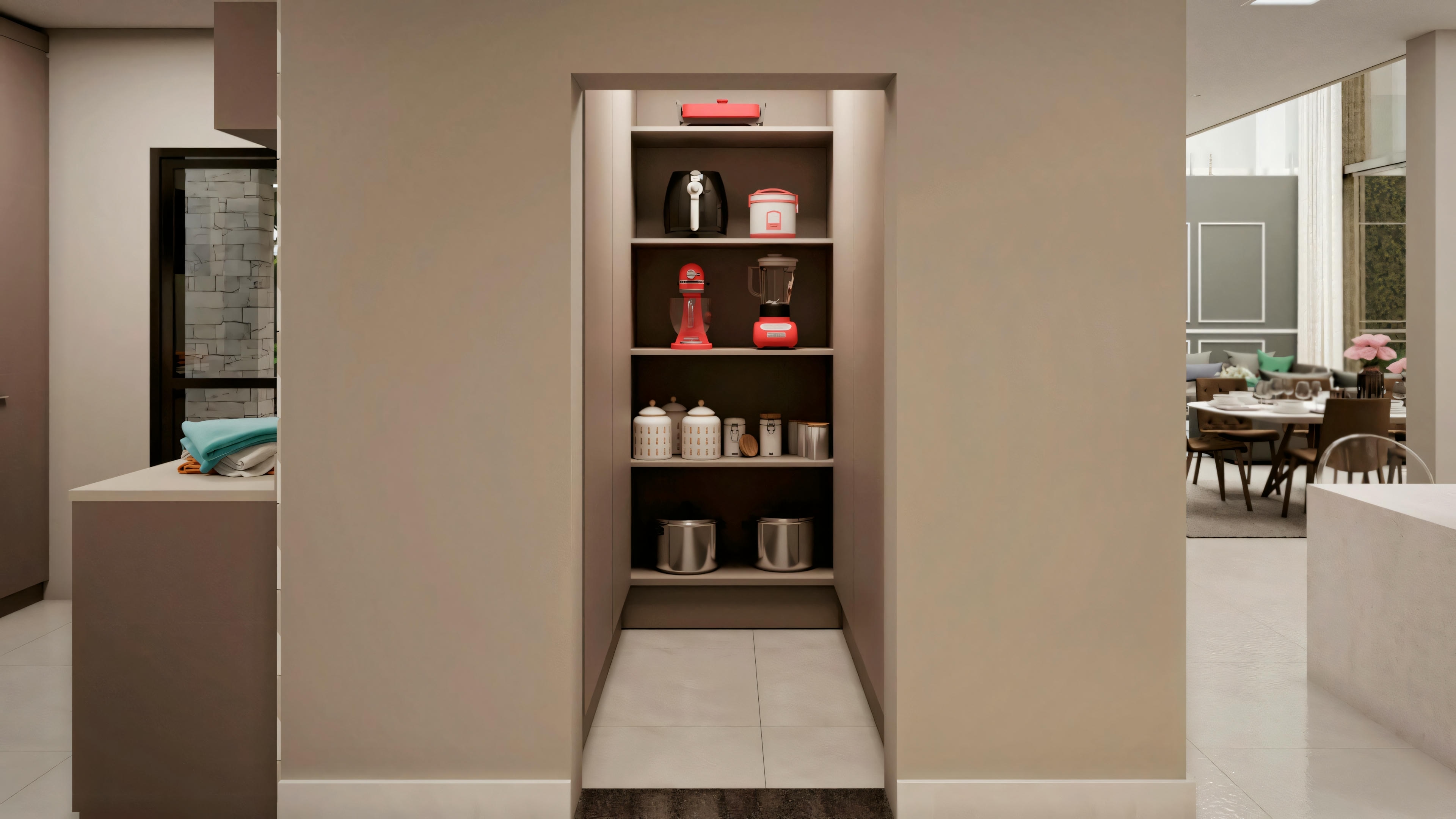 Open closet with various shelves, containing folded towels, boxes, and other organized objects.