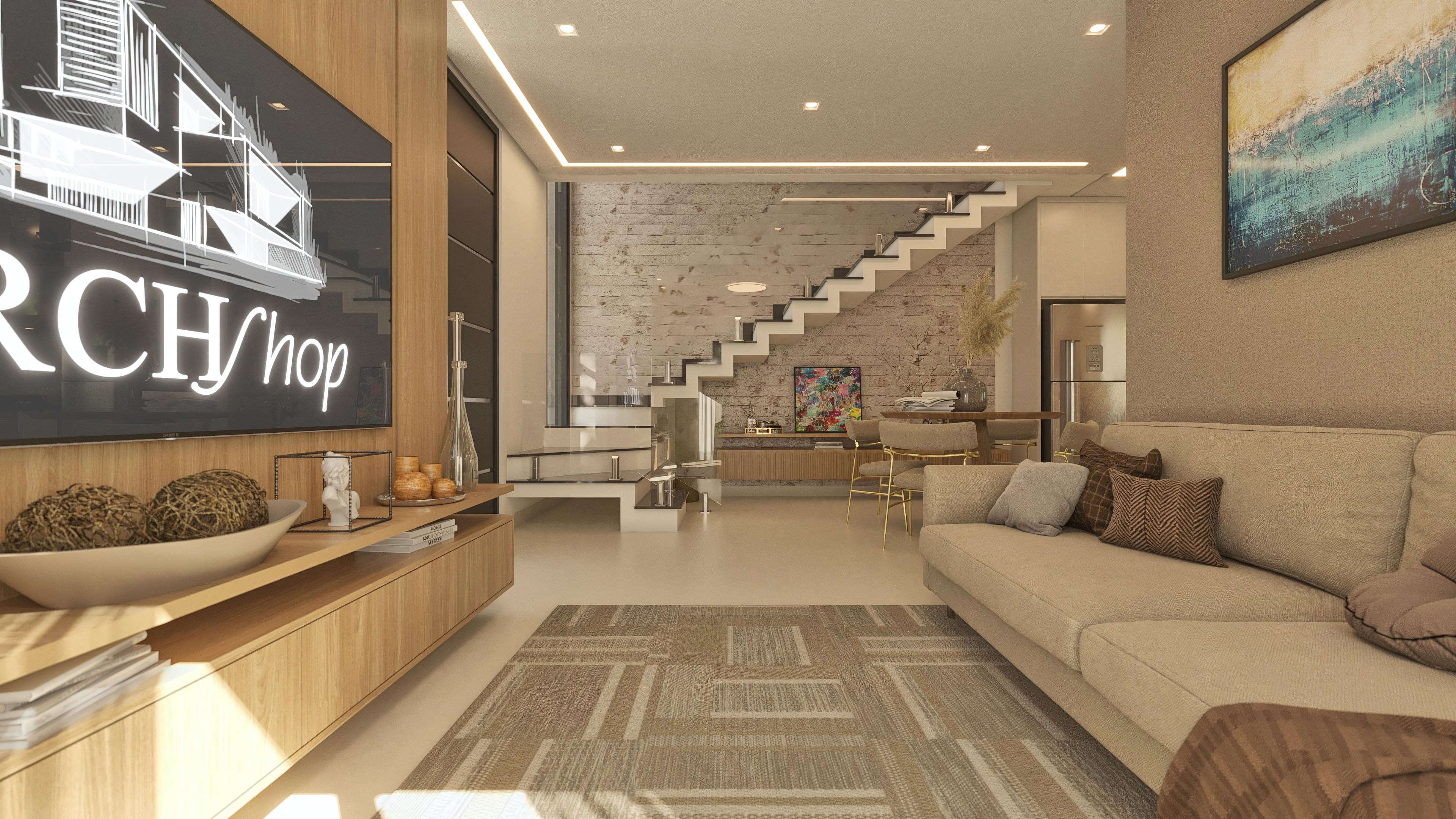 Internal environment of a modern two-story house with a floating staircase, exposed brick wall, and living room with a light-colored sofa.