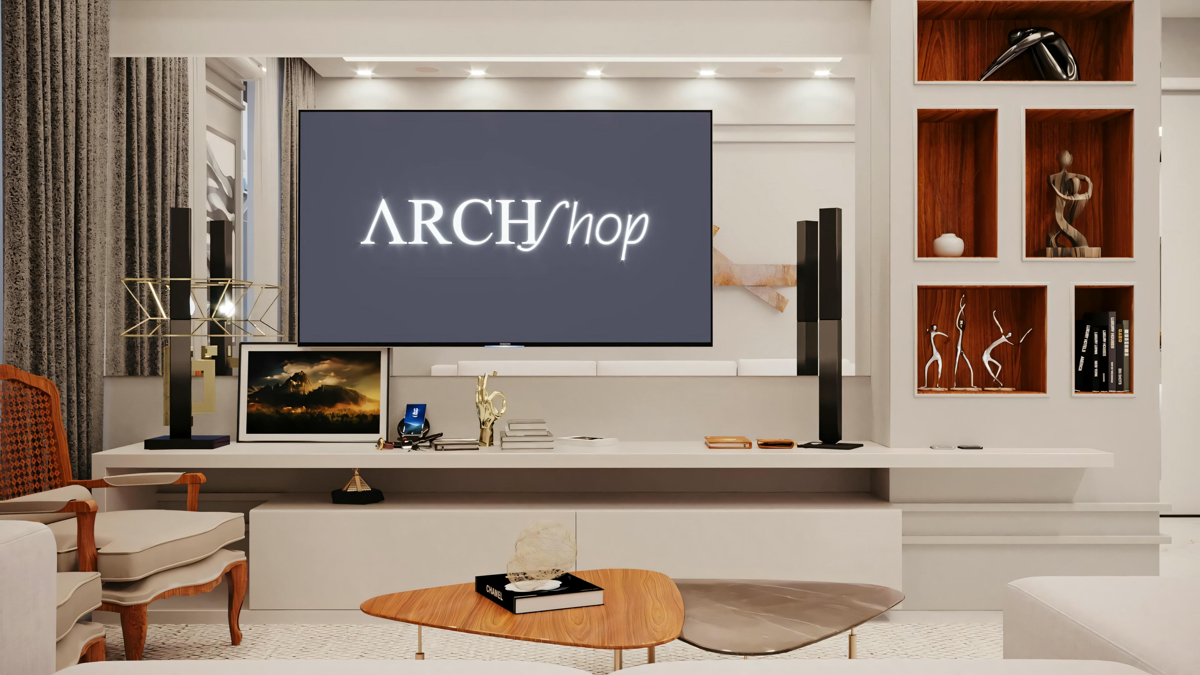 A cozy home theater with a large screen displaying the text “ARCHItype”, comfortable seating, and ambient lighting.