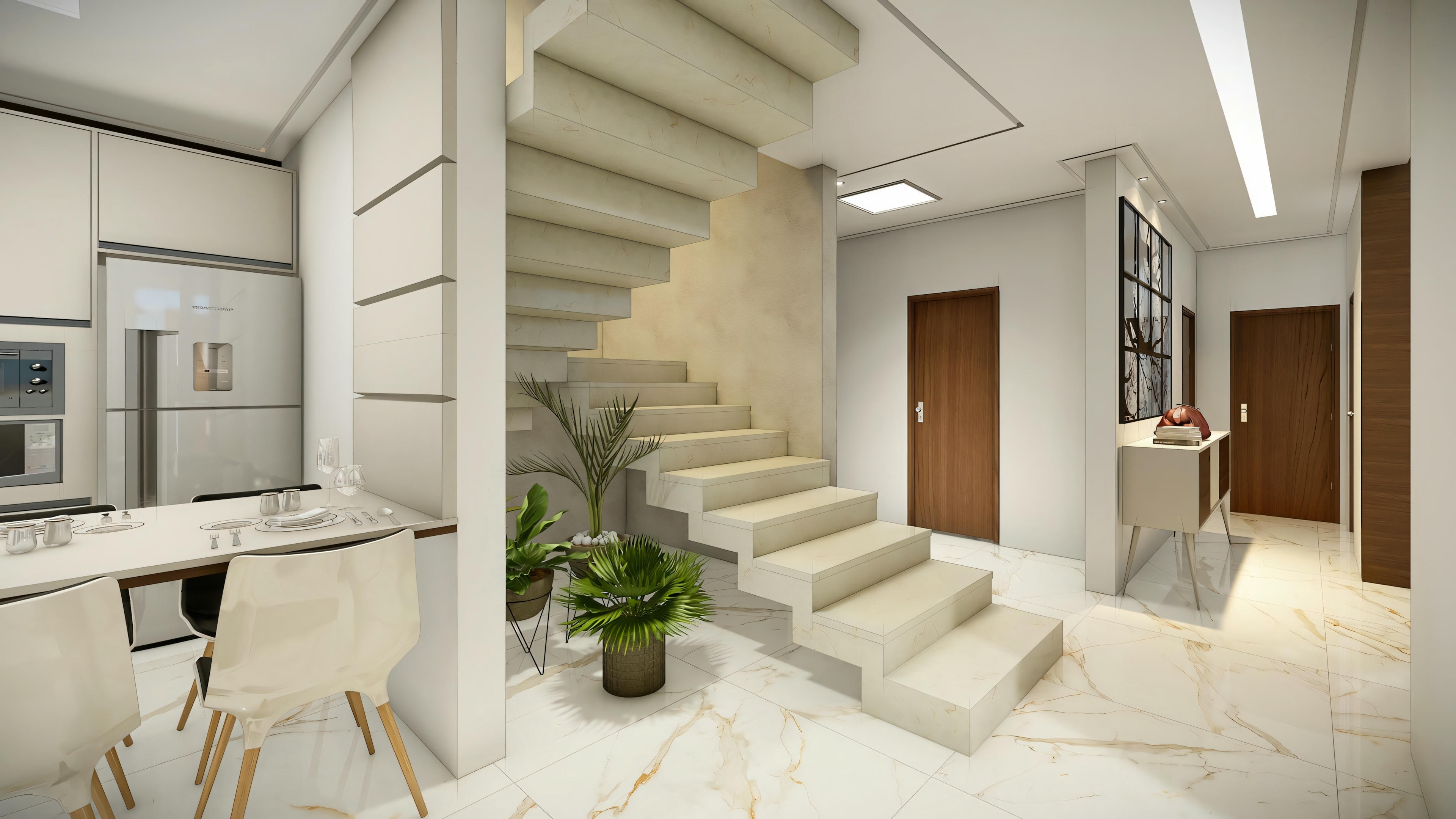 Entrance of a modern house with stairs and minimalist decoration.