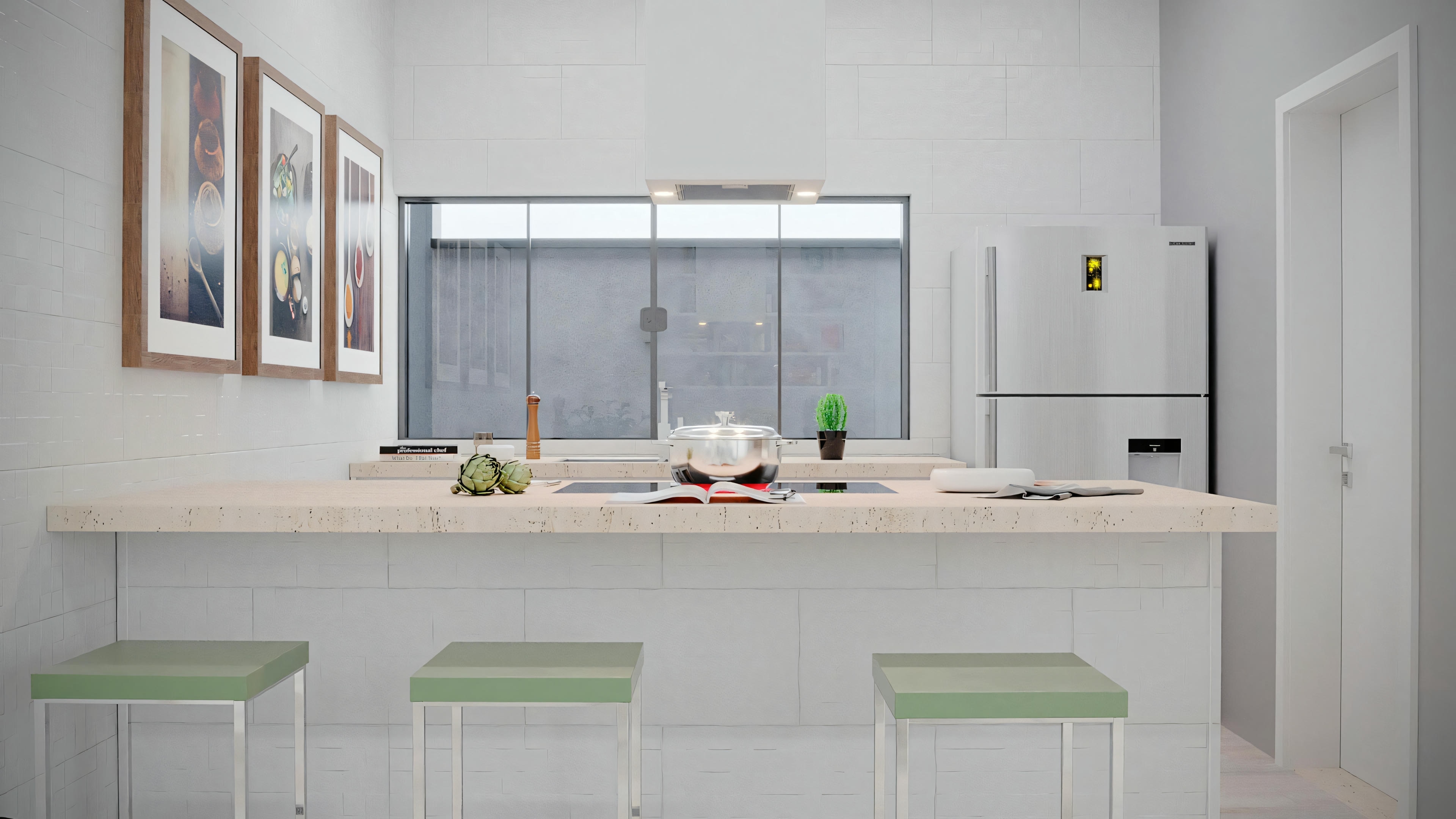 A modern kitchen with a dining table for four, white countertops, and a large window providing natural light.