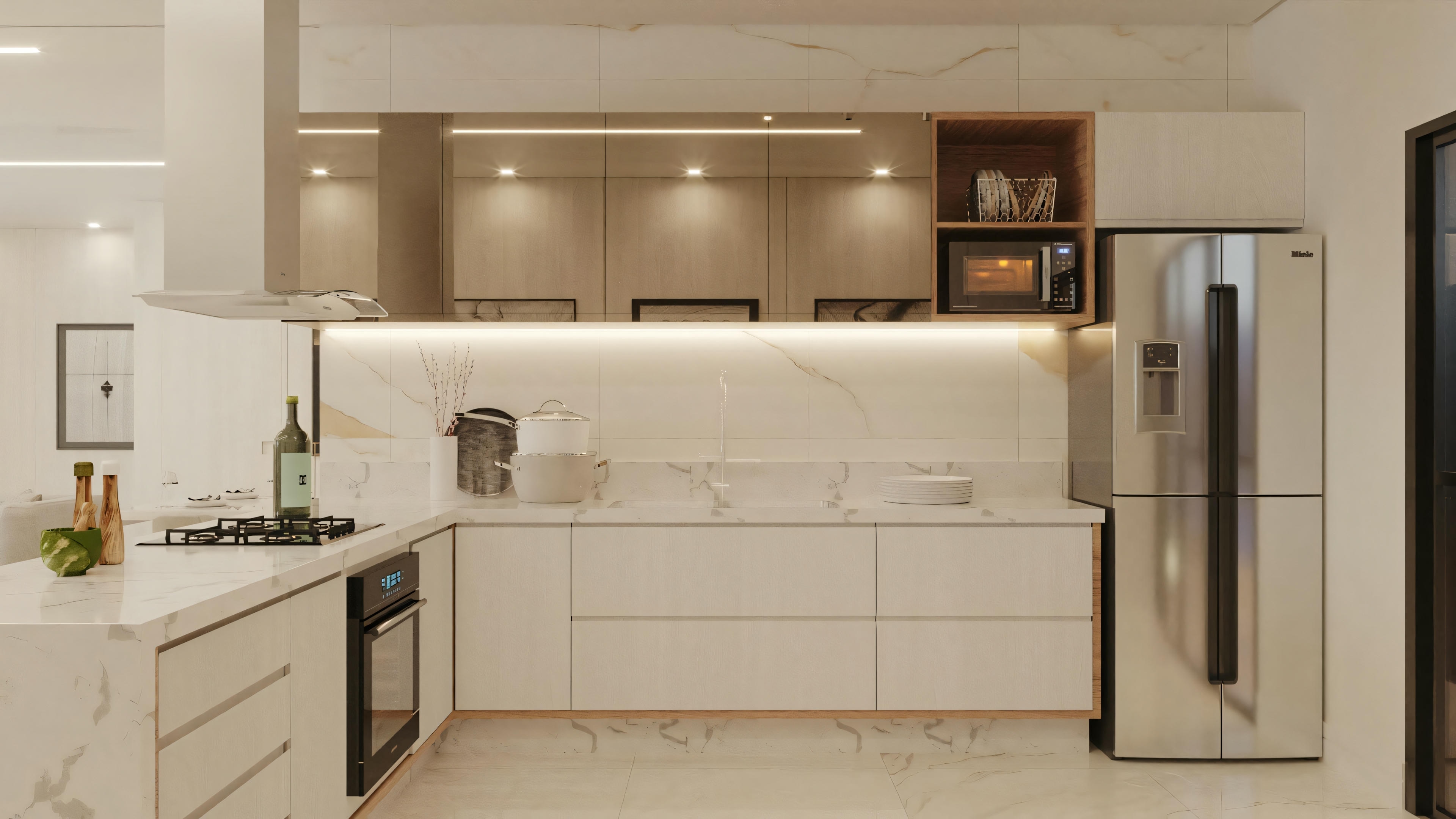 A modern kitchen with white cabinets, stainless steel appliances, and recessed lighting.