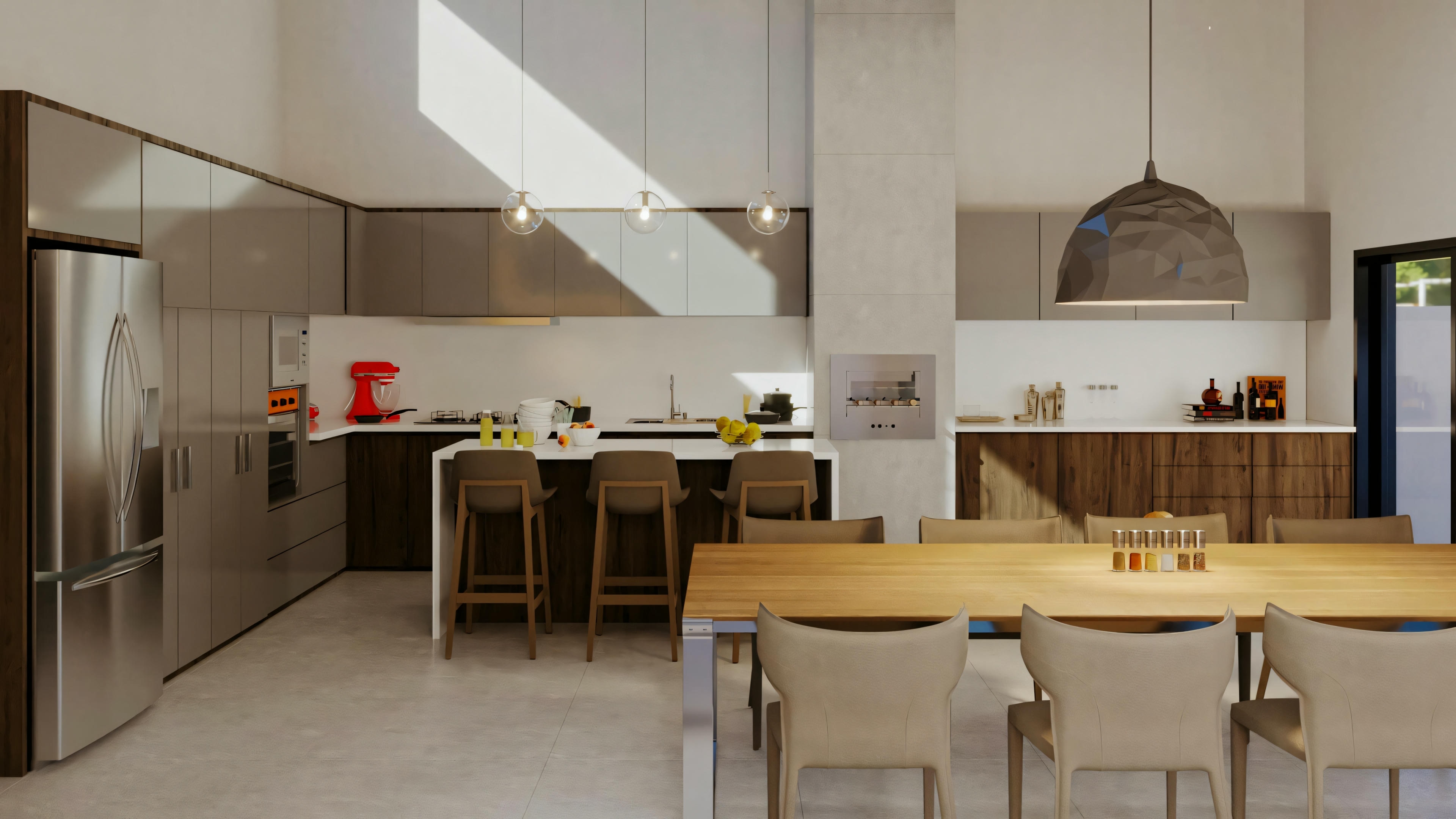 A kitchen with modern appliances and a dining area with a yellow table and chairs.