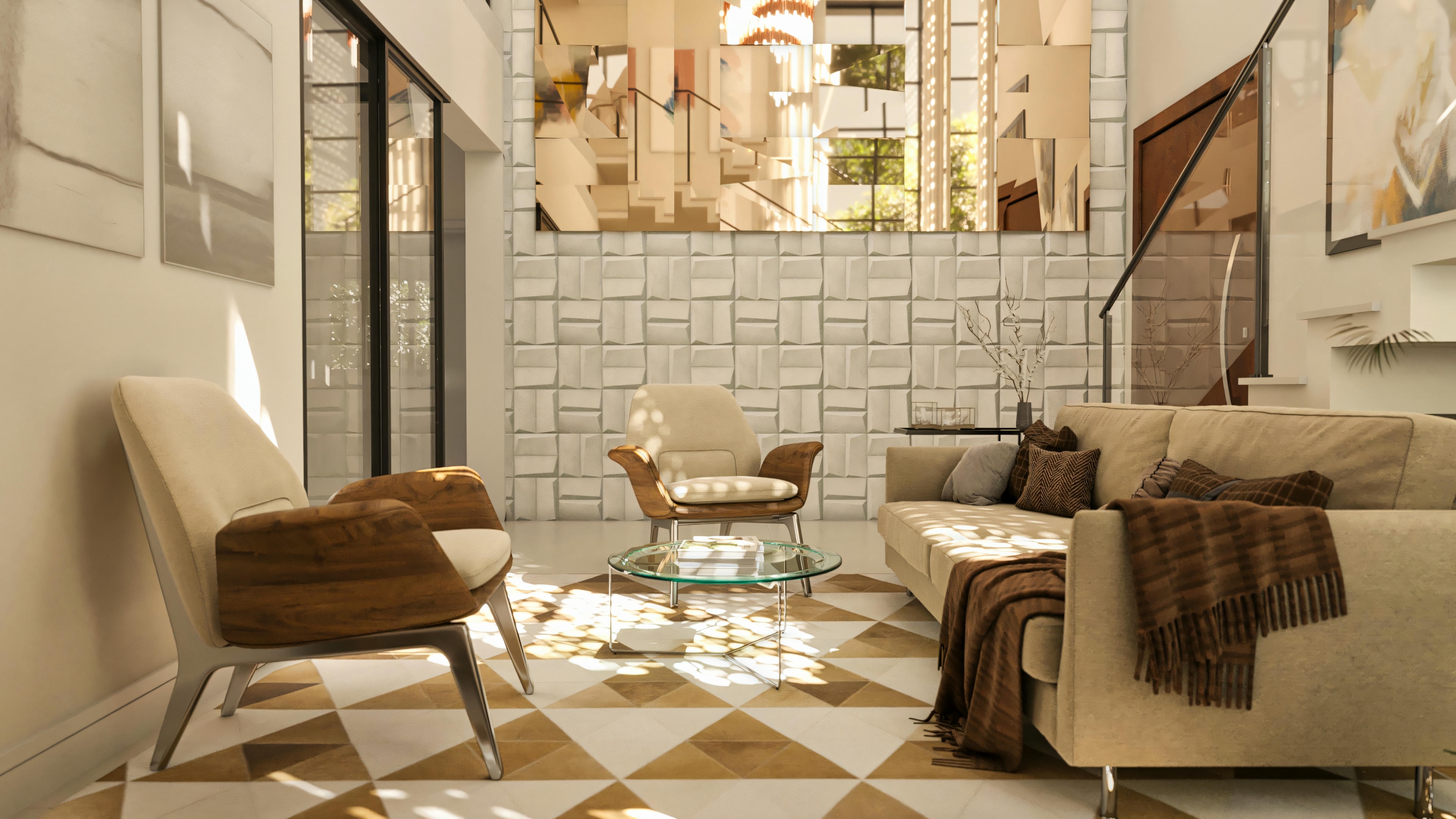 Modern living room in a 394.84sqm house project, 4 suites, and pool. Furniture detail with beige sofa, armchairs with wood arms and metal structure, glass coffee table, geometric floor, wall with textured 3D cladding, and a large decorative mirrored/faceted metal panel.