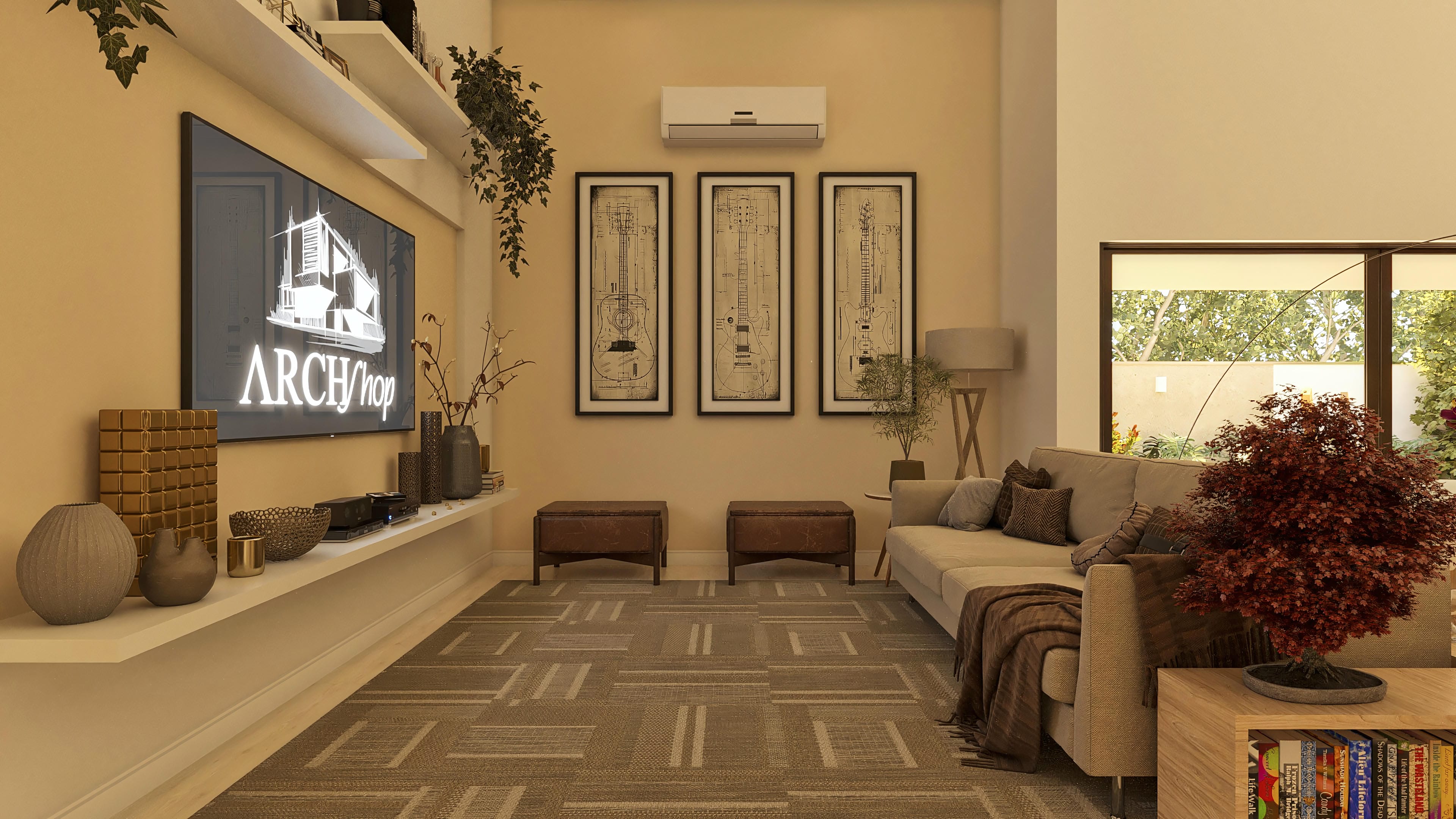 Living room interior with a beige sofa, geometric rug, three framed technical drawings, and a shelf with a television and decorative objects.