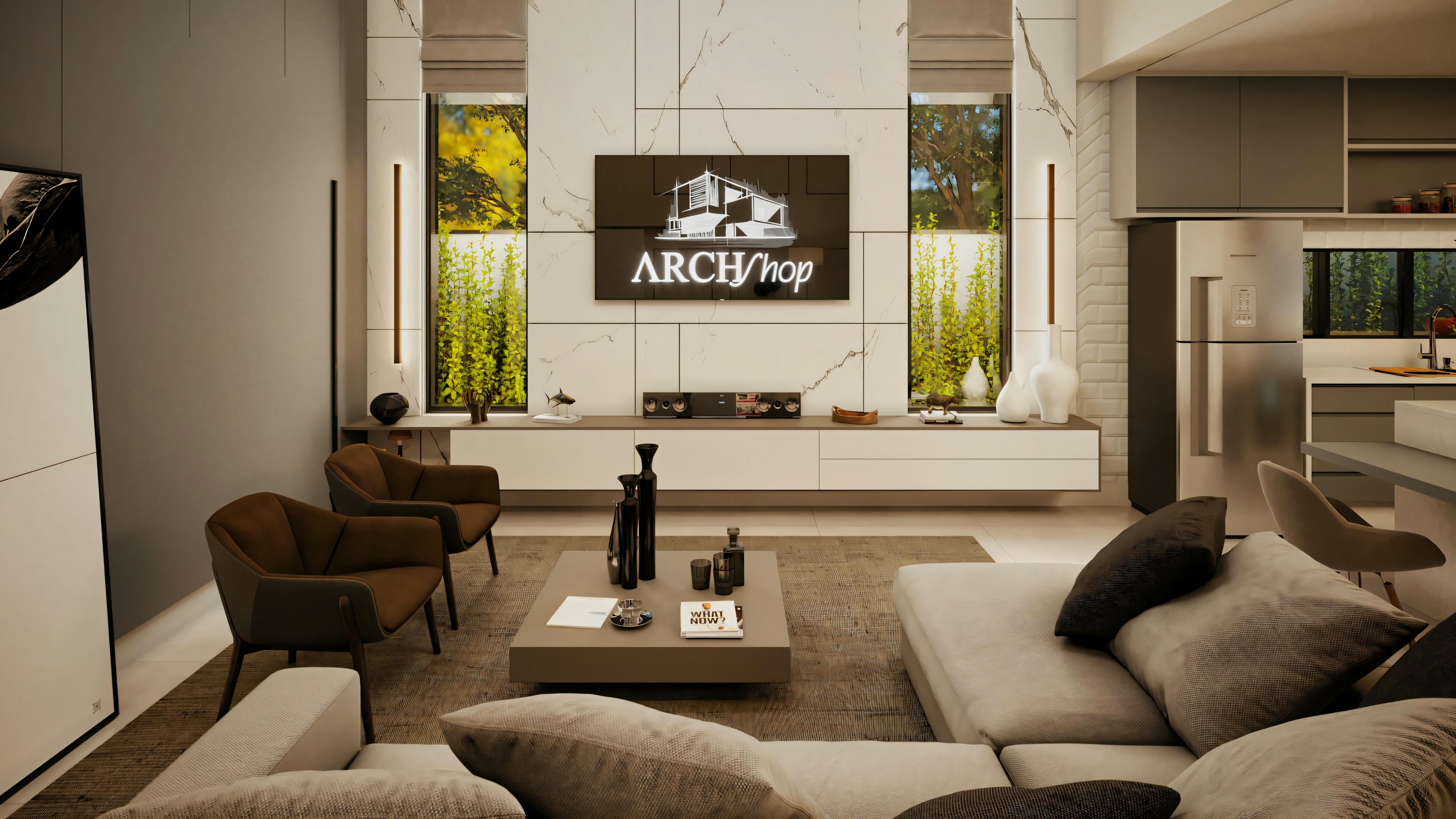 A modern living room with a sofa, coffee table, and television. The color scheme is darker with warm lighting.