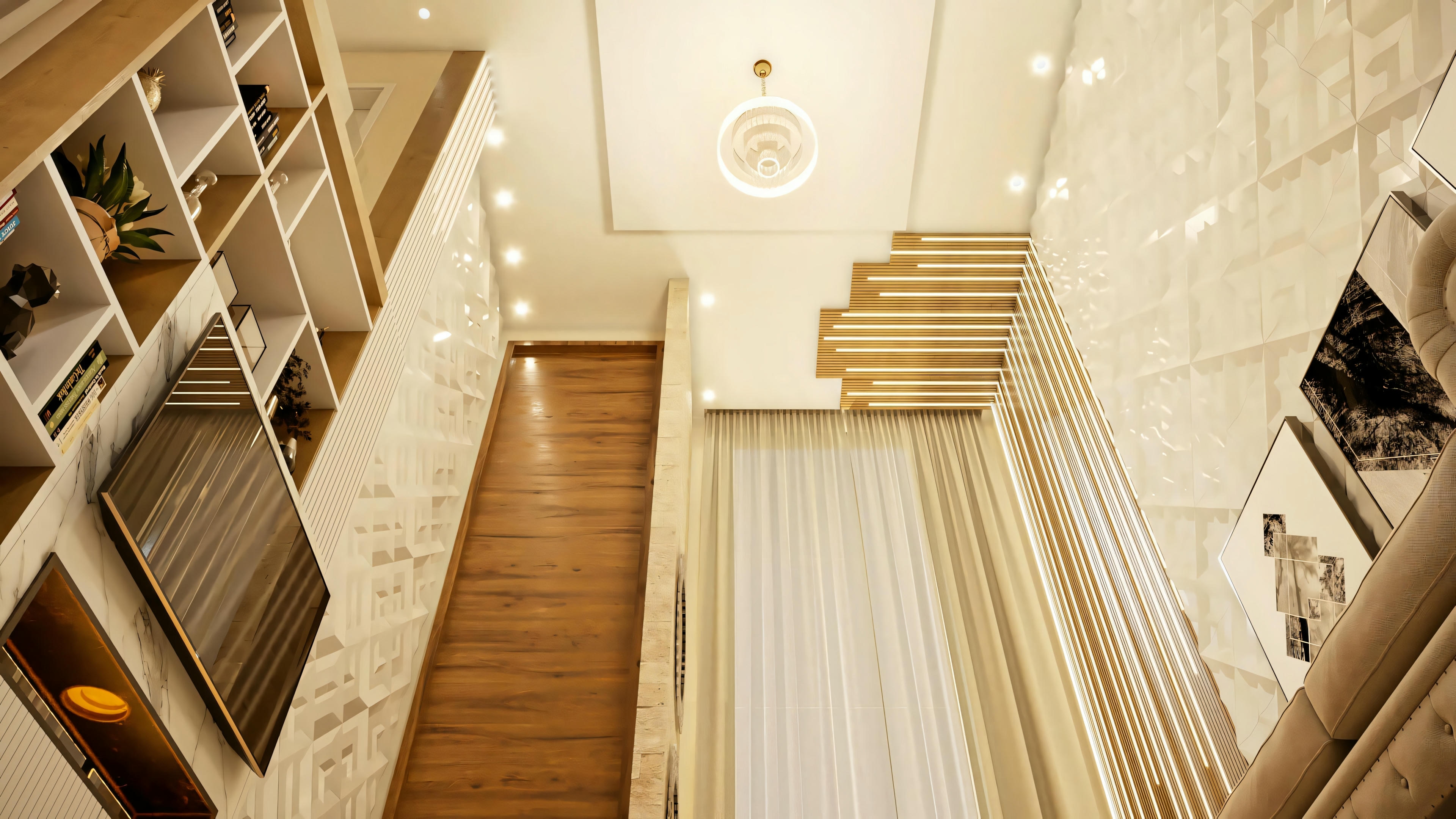 A staircase with wooden steps and white risers, with a handrail on one side.