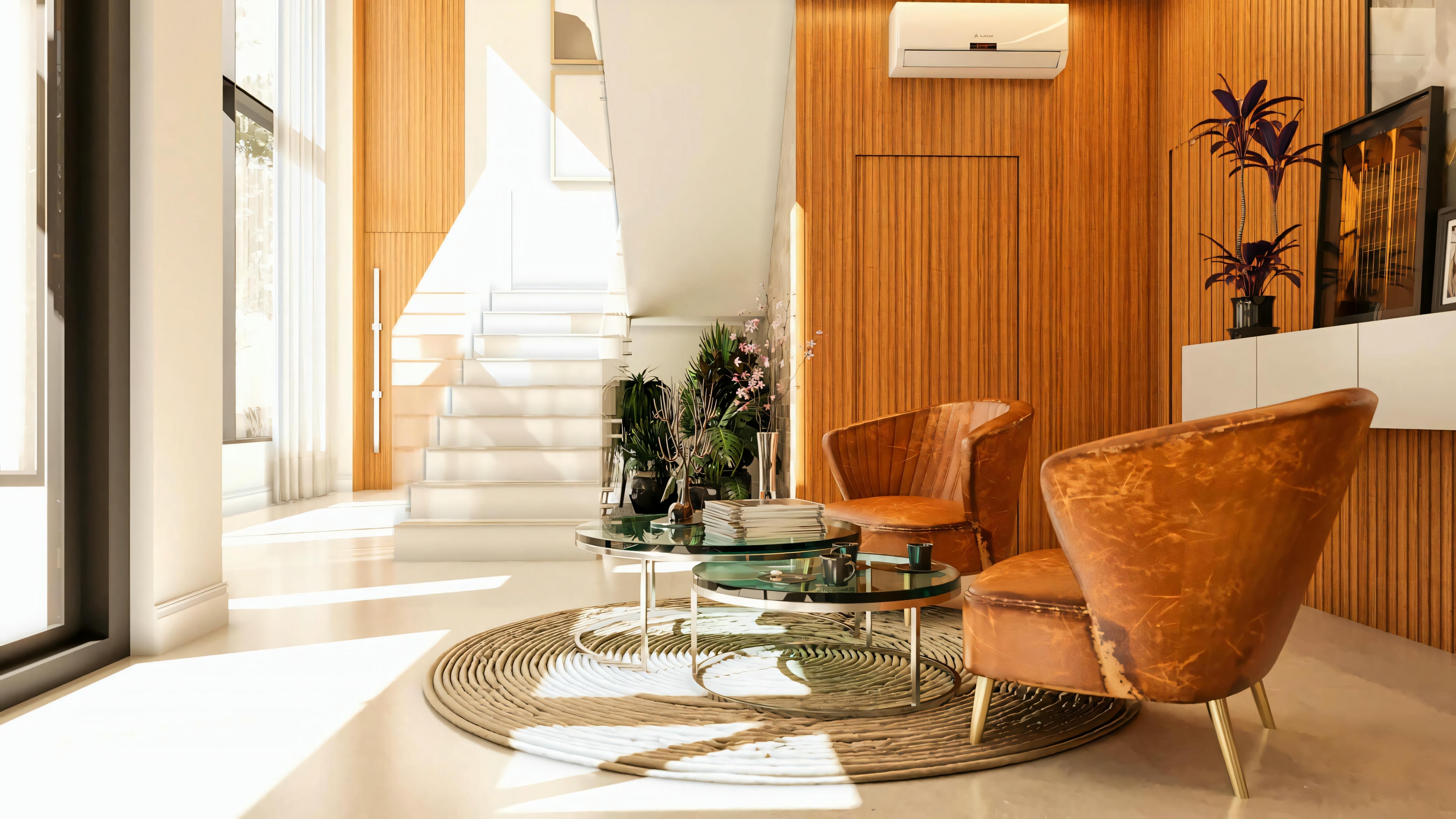 Interior view of the 330m² modern two-story house showing the integration of the living room with a wood panel and leather armchairs with the entrance hall and the base of the white staircase.