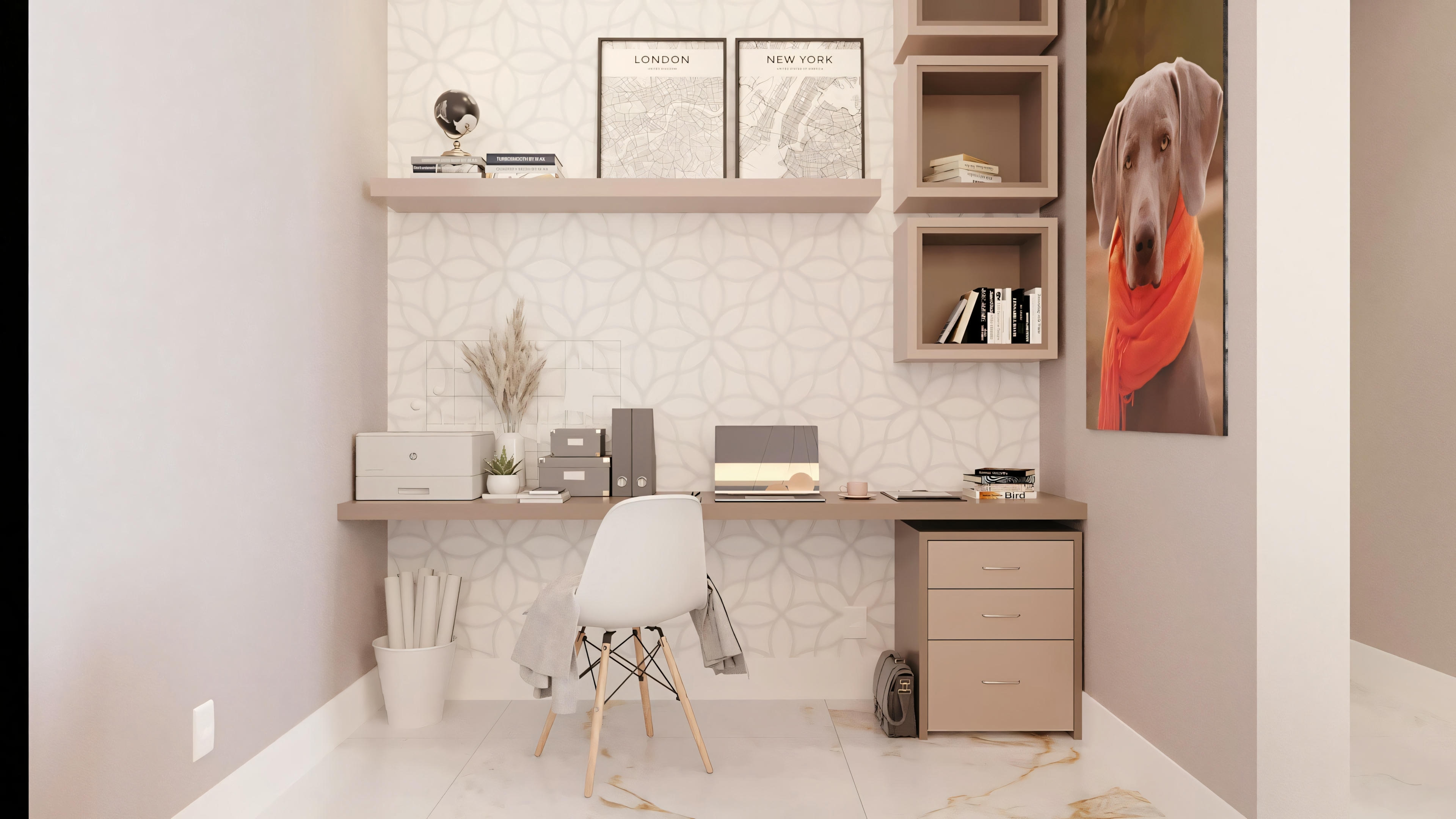 An office with a desk, chair, shelves filled with books and decorative items, and a prominent light fixture.