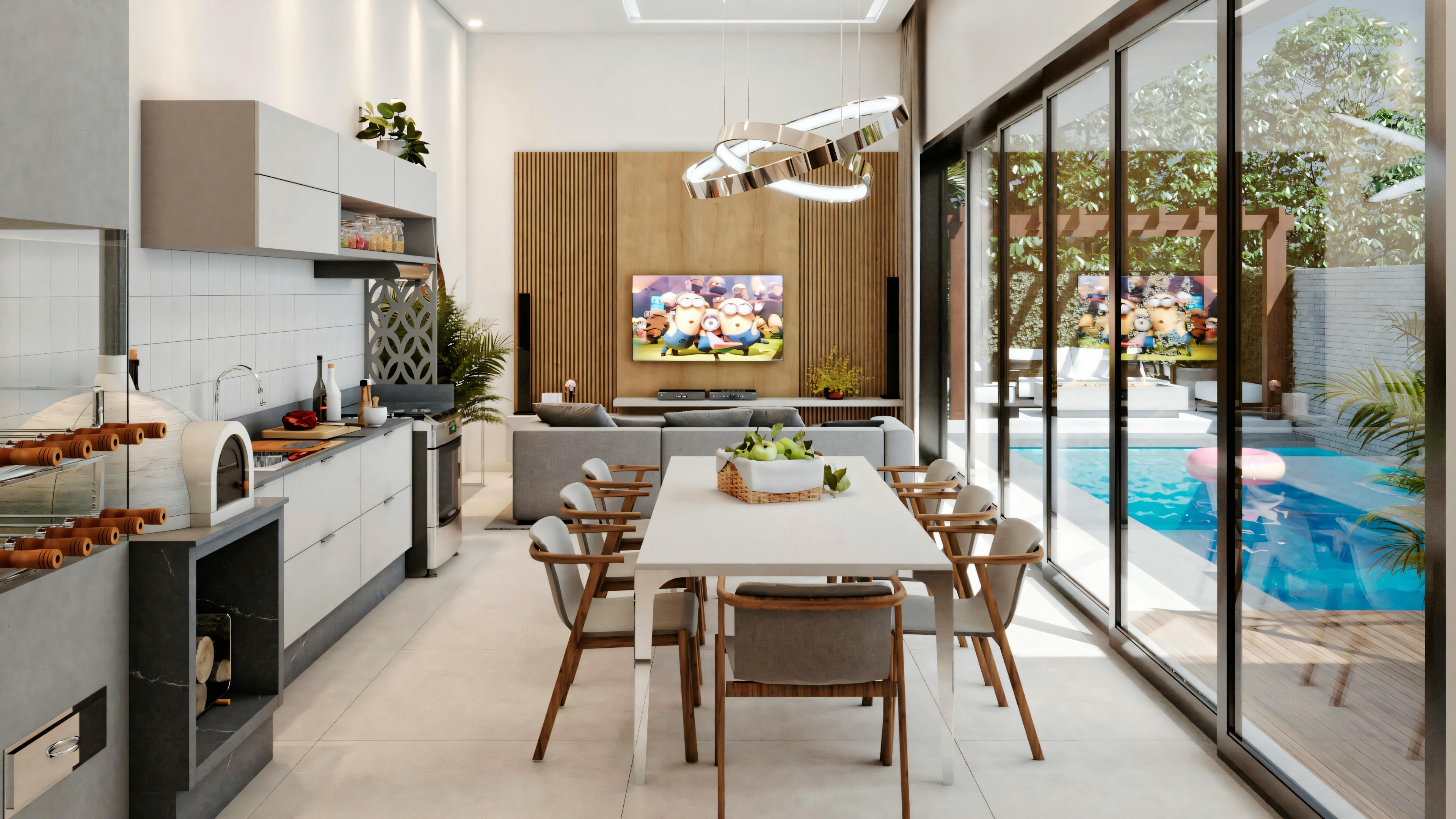 An open space that includes a kitchen with bar stools, a dining area with a table and chairs, and a pool view through large glass windows.