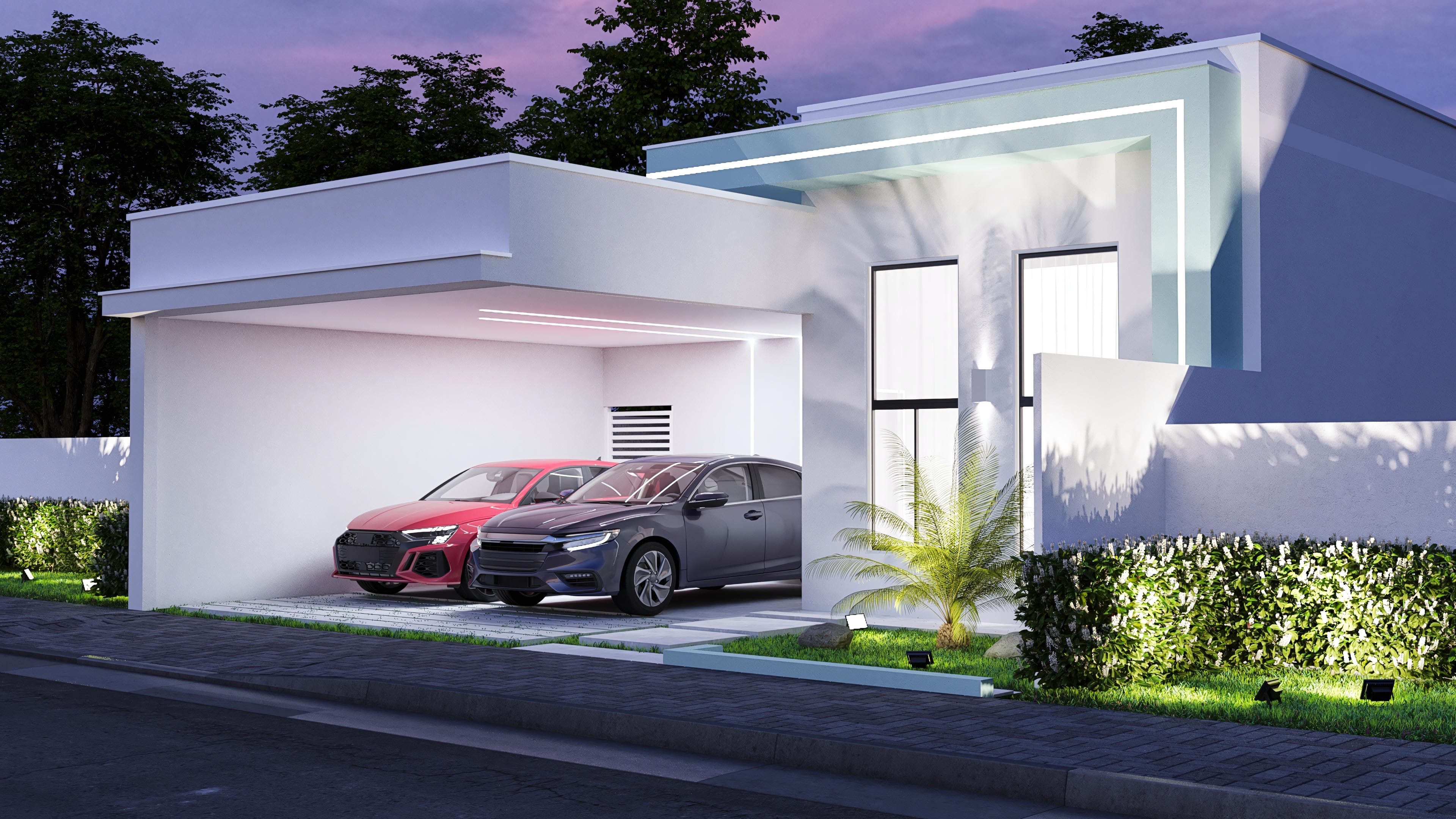 Fachada moderna de casa térrea com telhado embutido, detalhes em LED e amplas janelas. A área de garagem se integra harmoniosamente ao design.