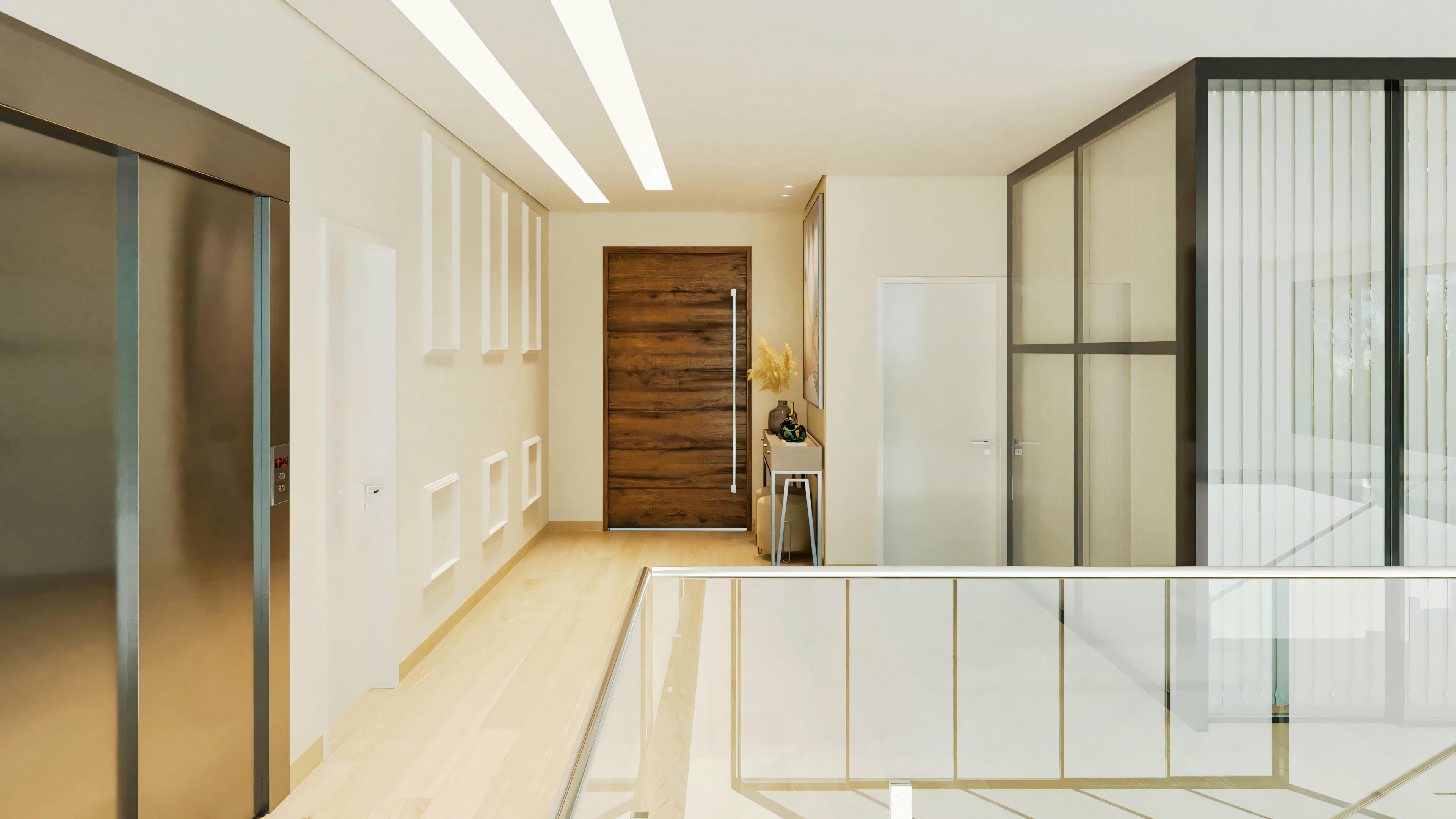 Hall de circulação interno em projeto pronto de casa térrea com 5 suítes (364.7m²). Vista inclui porta principal em madeira, guarda-corpo (vidro/metal), acesso a quarto com divisória e detalhe de painel/elevador.