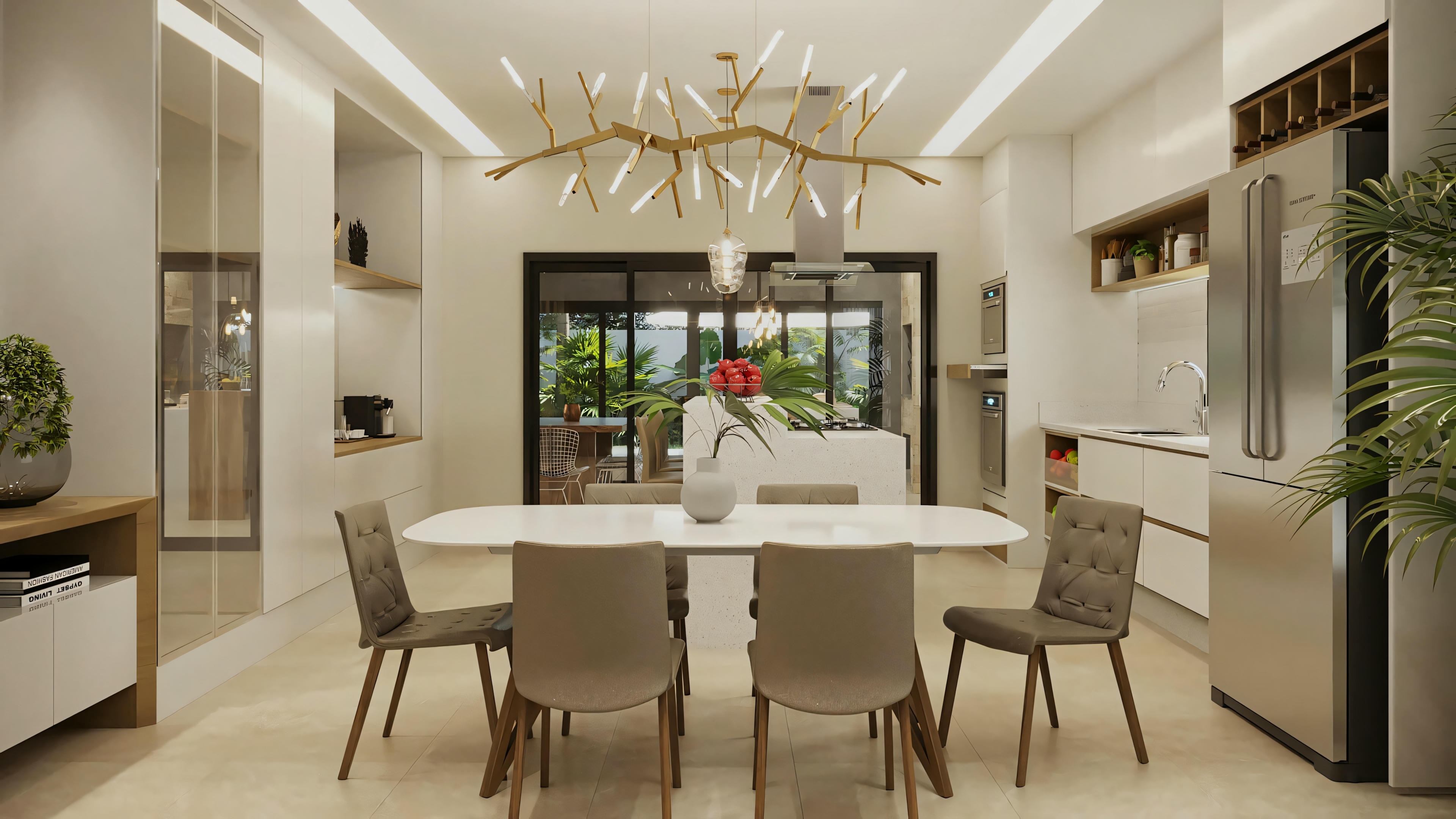View of the dining room and kitchen with island in the ready-made single-story house project with 2 suites (170.8sqm). Integrated social environment, showing dining table, modern lighting, and functional kitchen with access to the external gourmet area.
