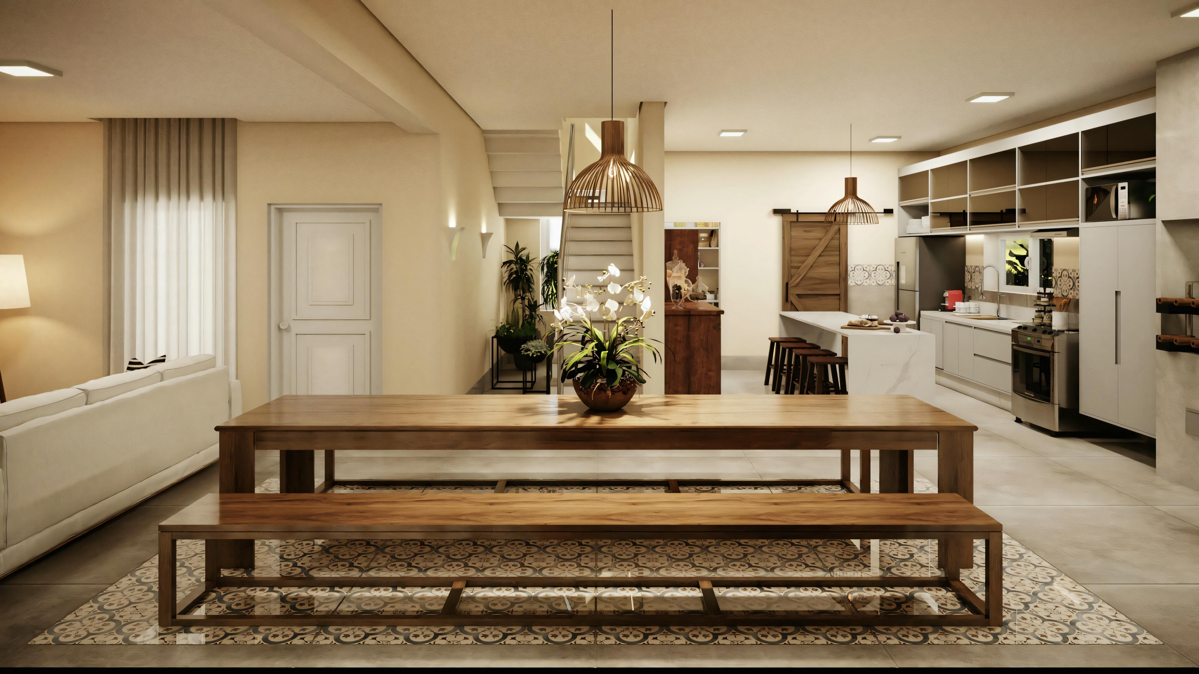 Sala de estar com sofá, mesa de centro e elementos decorativos, incluindo plantas e arte na parede.