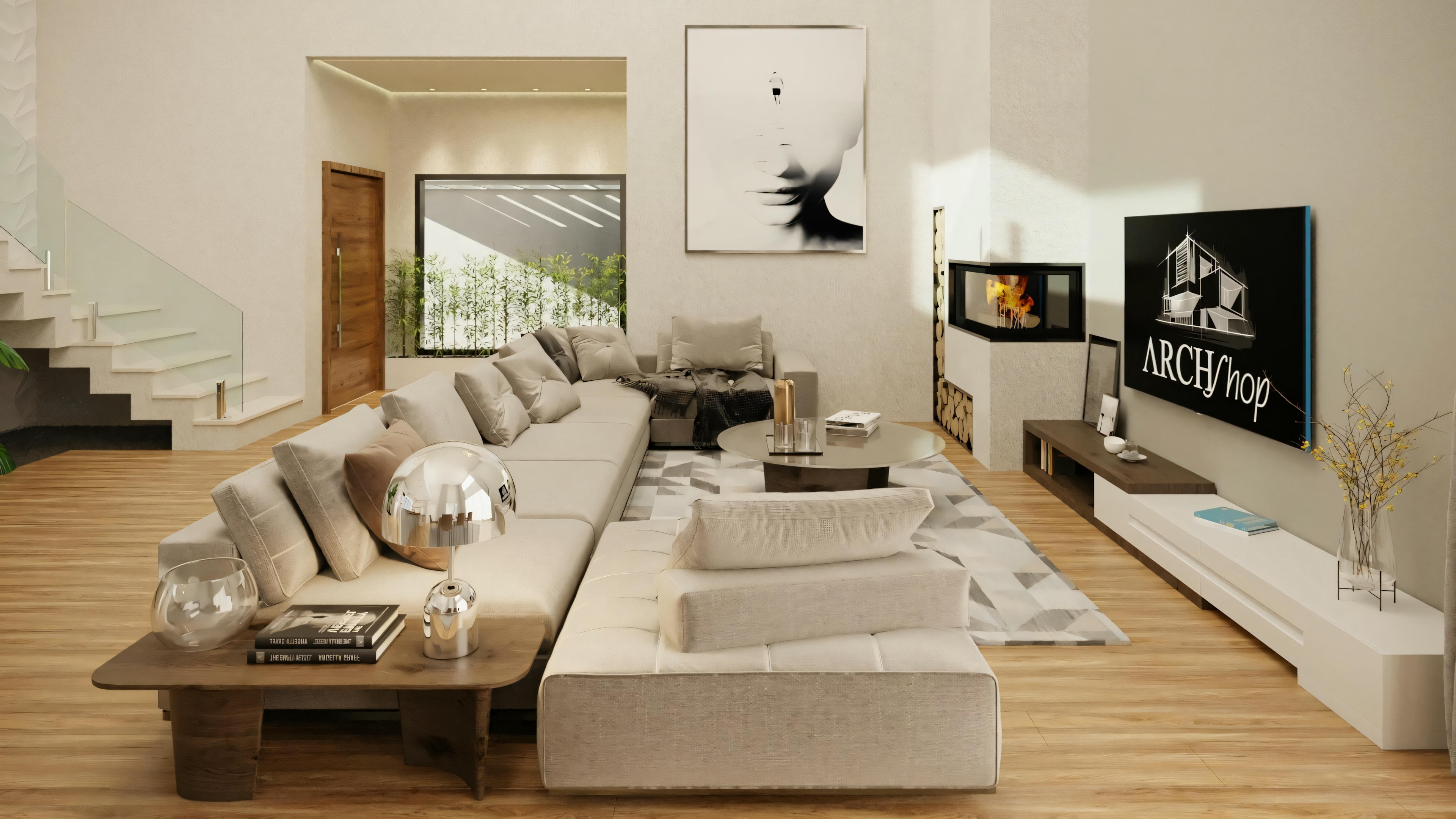 Uma sala de estar moderna com um grande sofá em forma de L, uma TV de tela plana na parede e escadas que levam a outro nível.