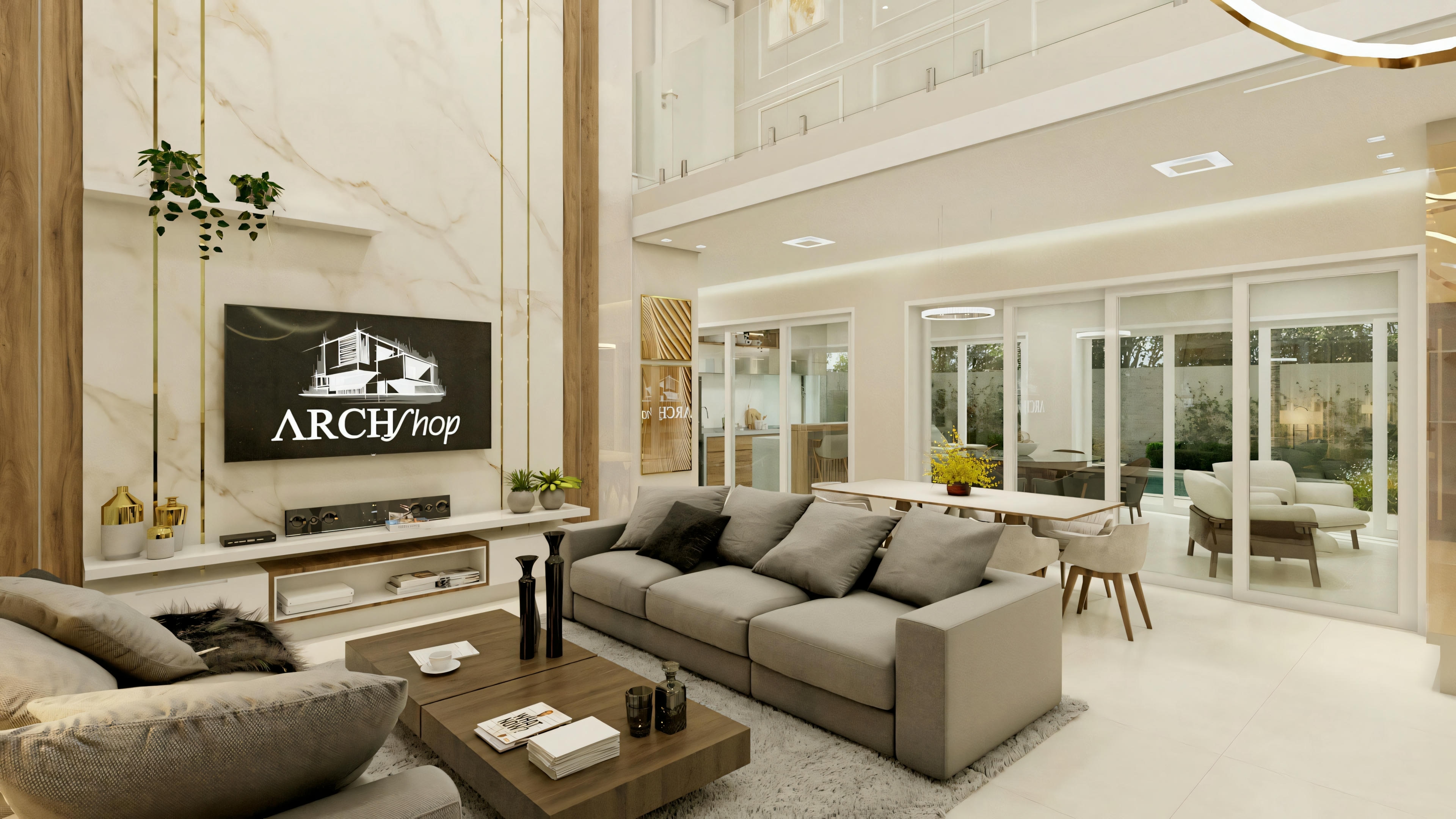 Uma sala de estar moderna com móveis contemporâneos, uma TV grande e um lustre elegante.
