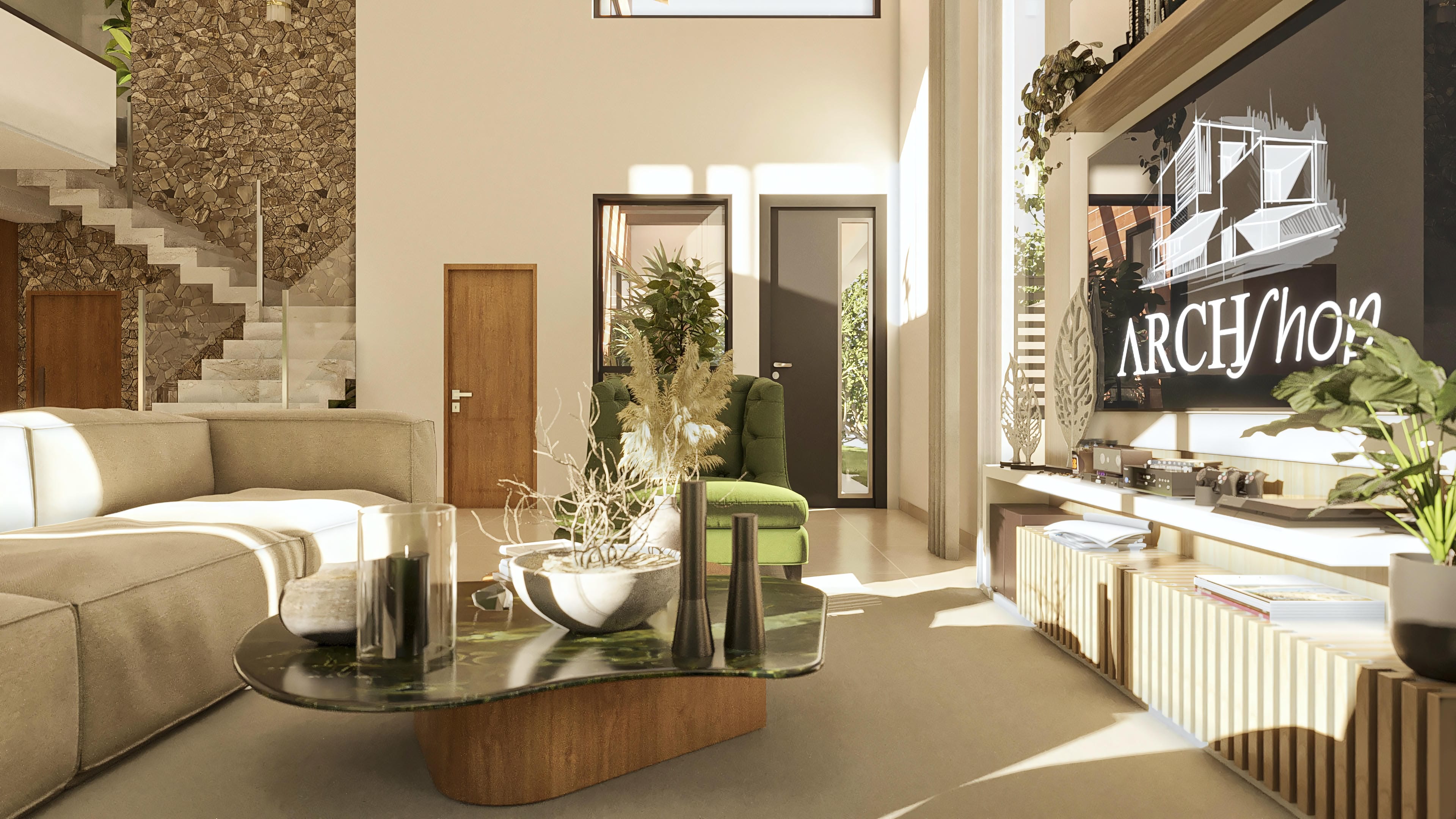 Sala de estar moderna con pared de piedra irregular, escalera de concreto visto, muebles en tonos neutros y detalles en madera. Ambiente iluminado por luz natural.