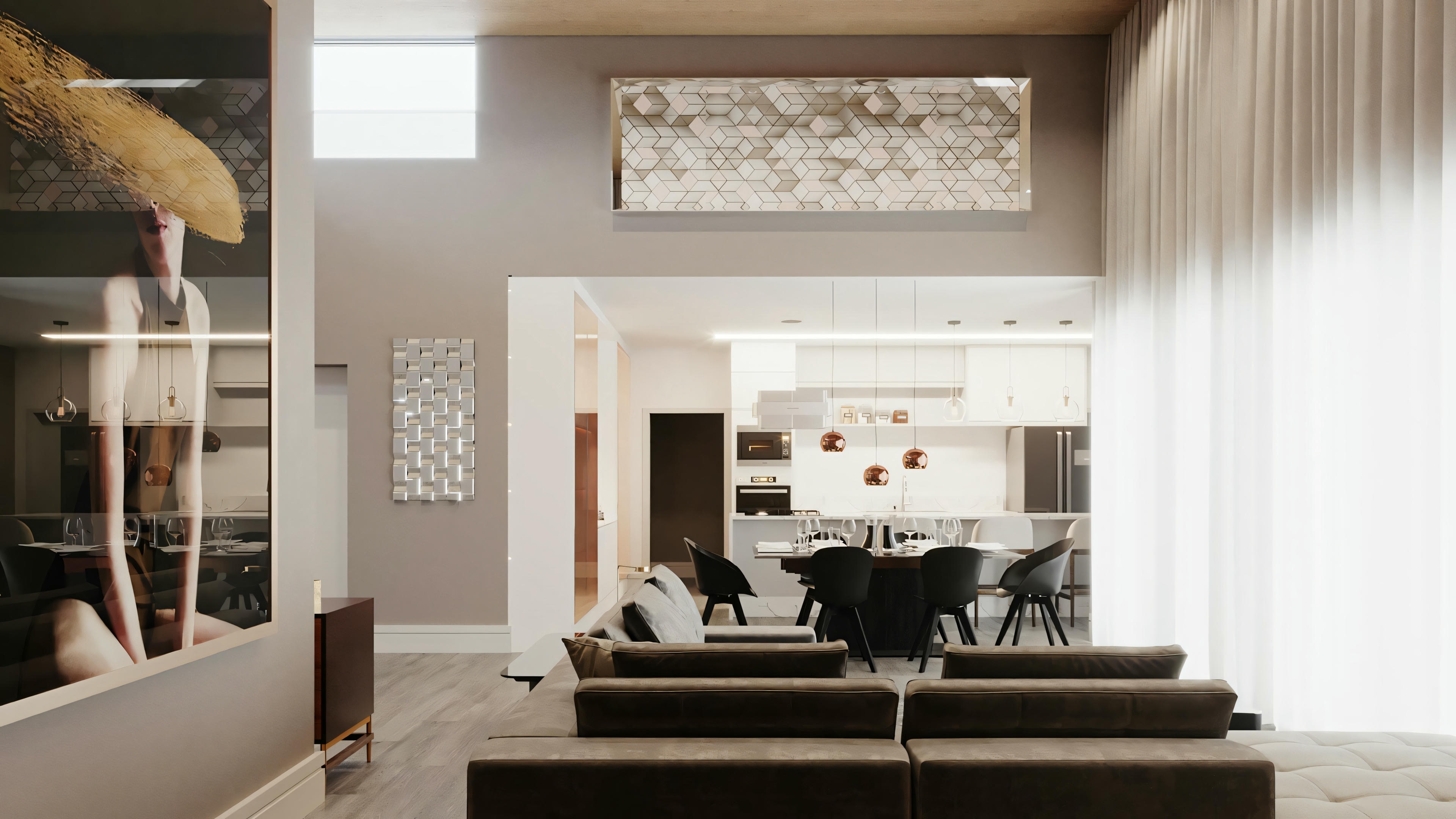 Uma sala de estar com sofá, cadeiras e mesa de centro, situada em um ambiente com grandes janelas e elementos decorativos como cortinas e luminária de teto.