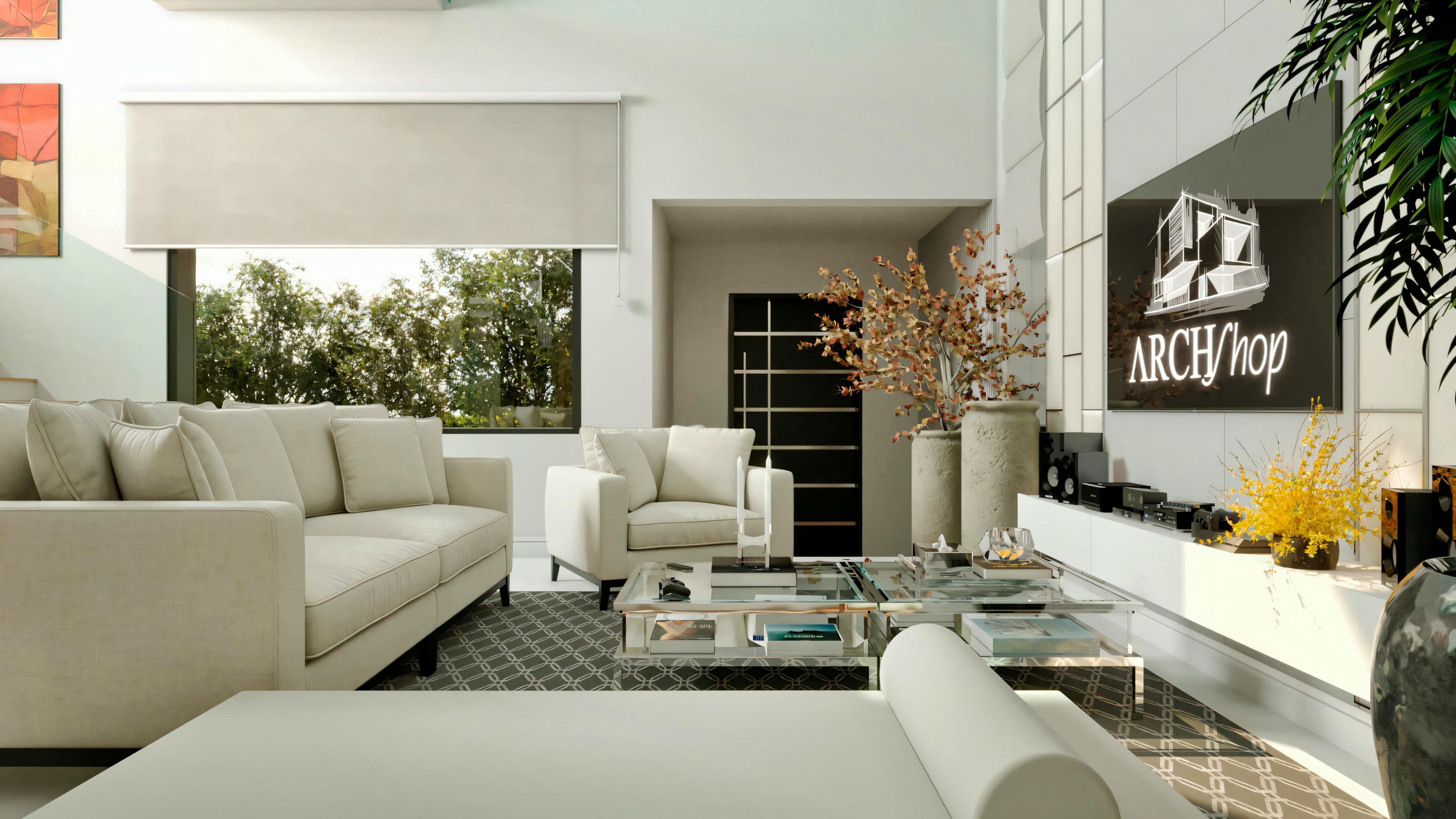 Sala de estar con esquema de colores blanco y amarillo, muebles contemporáneos y elementos decorativos.
