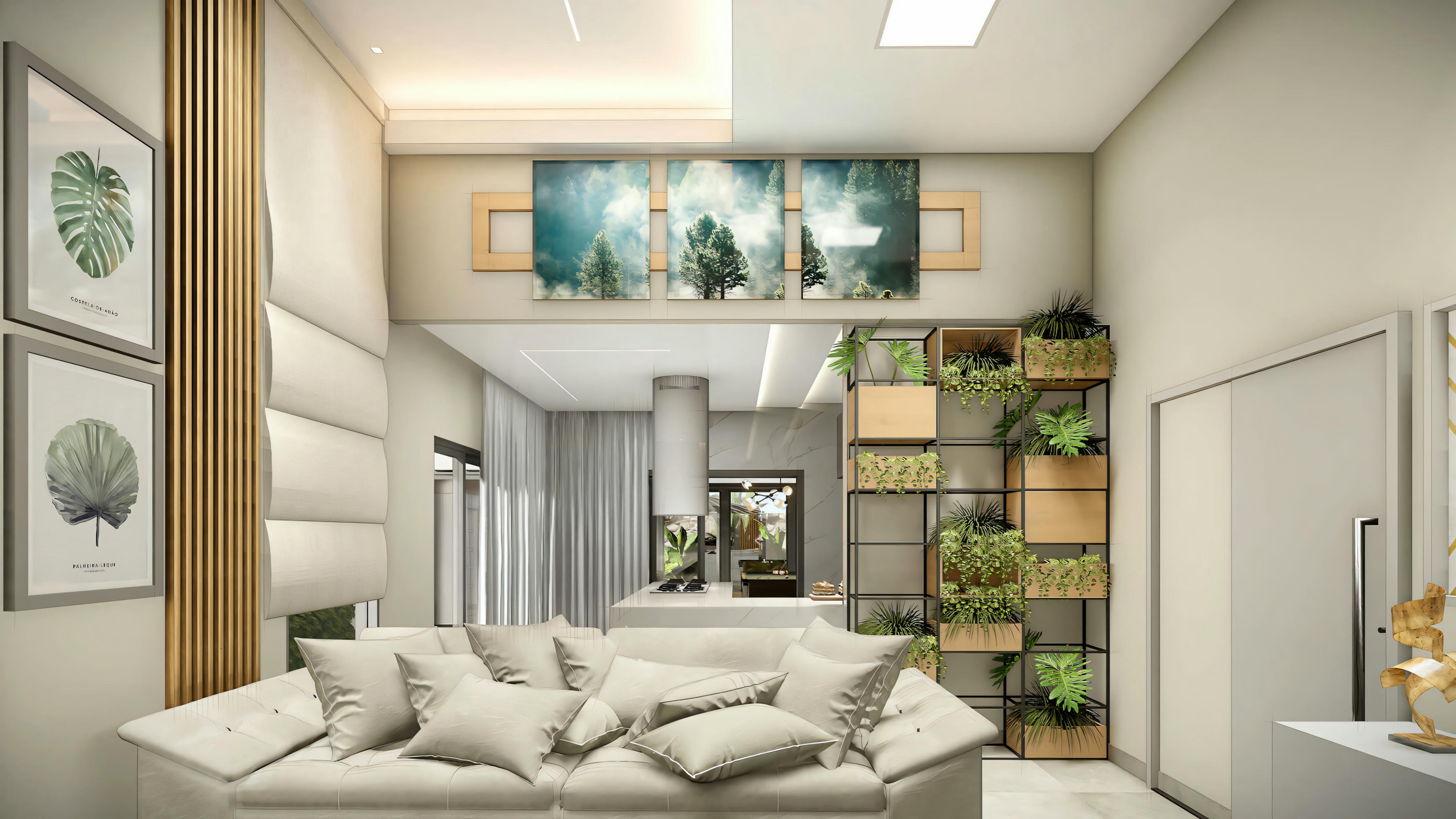 Sala de estar moderna decorada com sofá claro, estante vazada com plantas, painéis decorativos e quadros, com vista para área integrada. Projeto de casa de 183m² com telhado aparente.