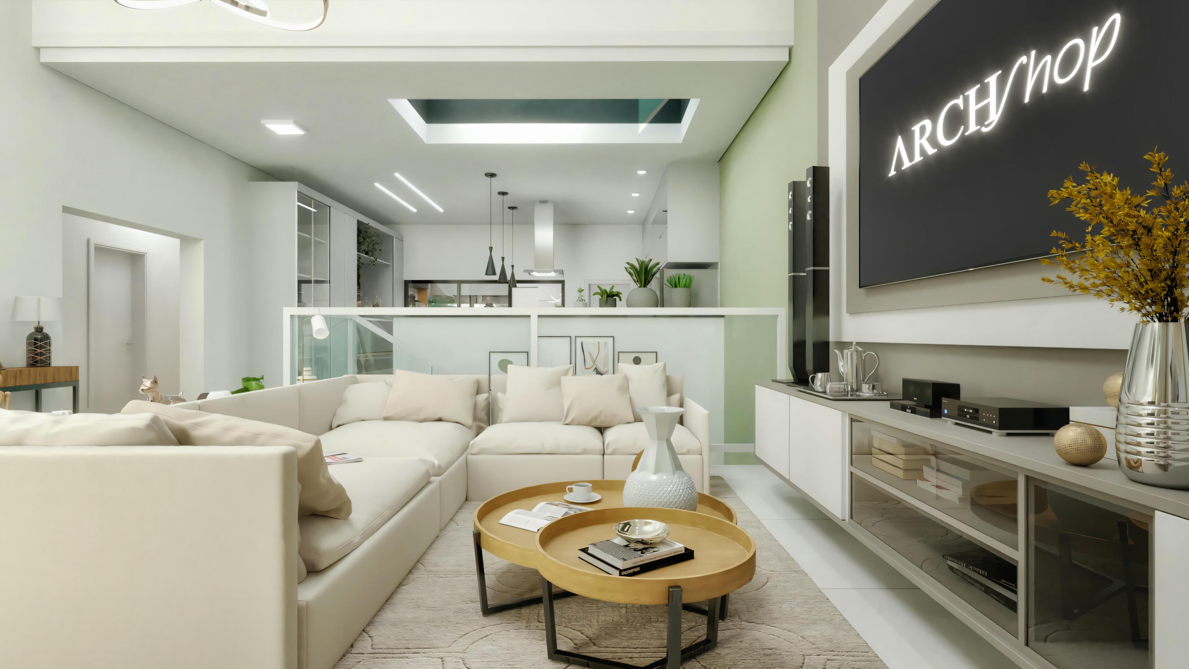 Sala de estar moderna con muebles elegantes y decoración minimalista.