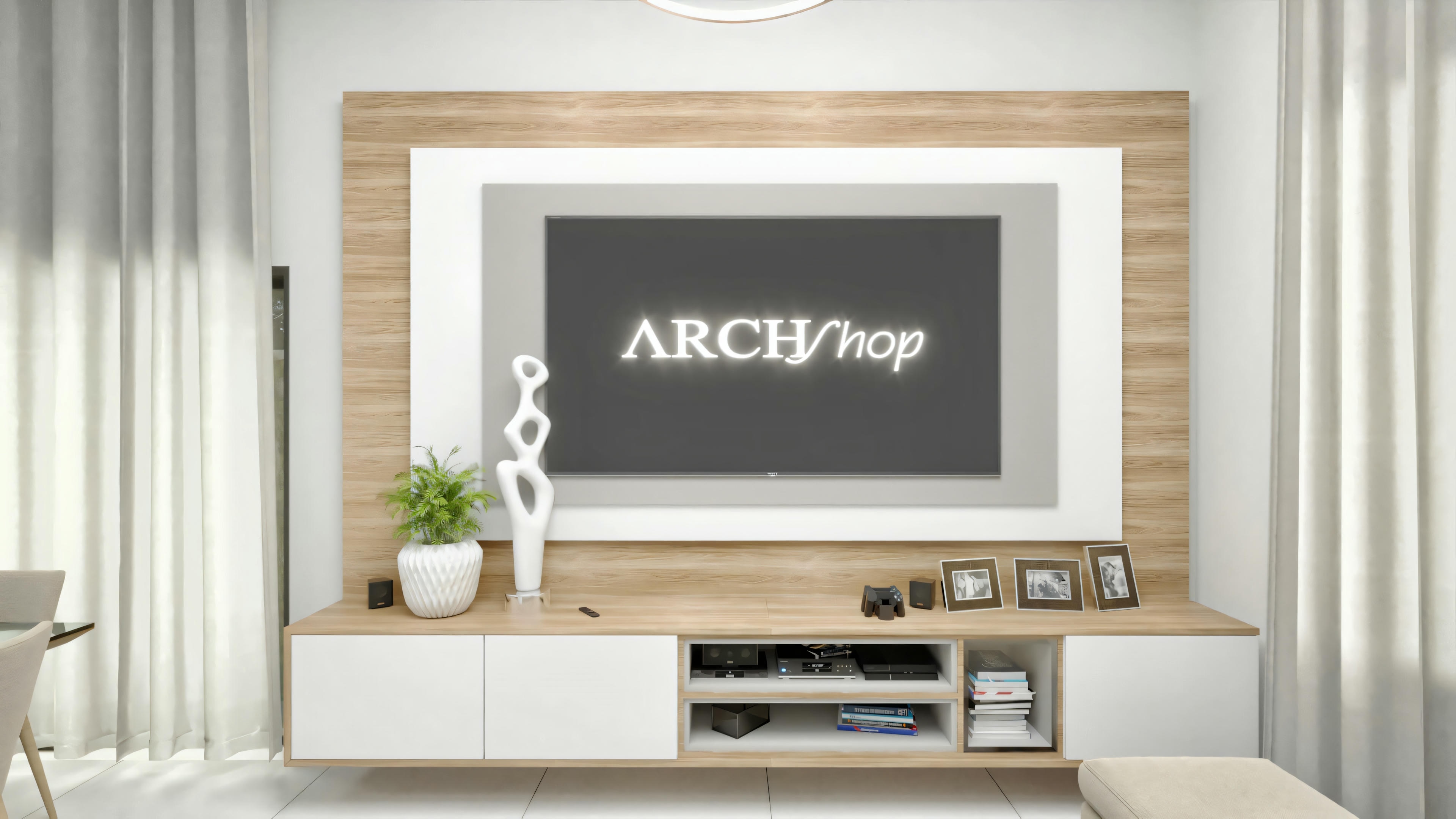 Sala de estar moderna con televisión de pantalla plana montada en la pared
