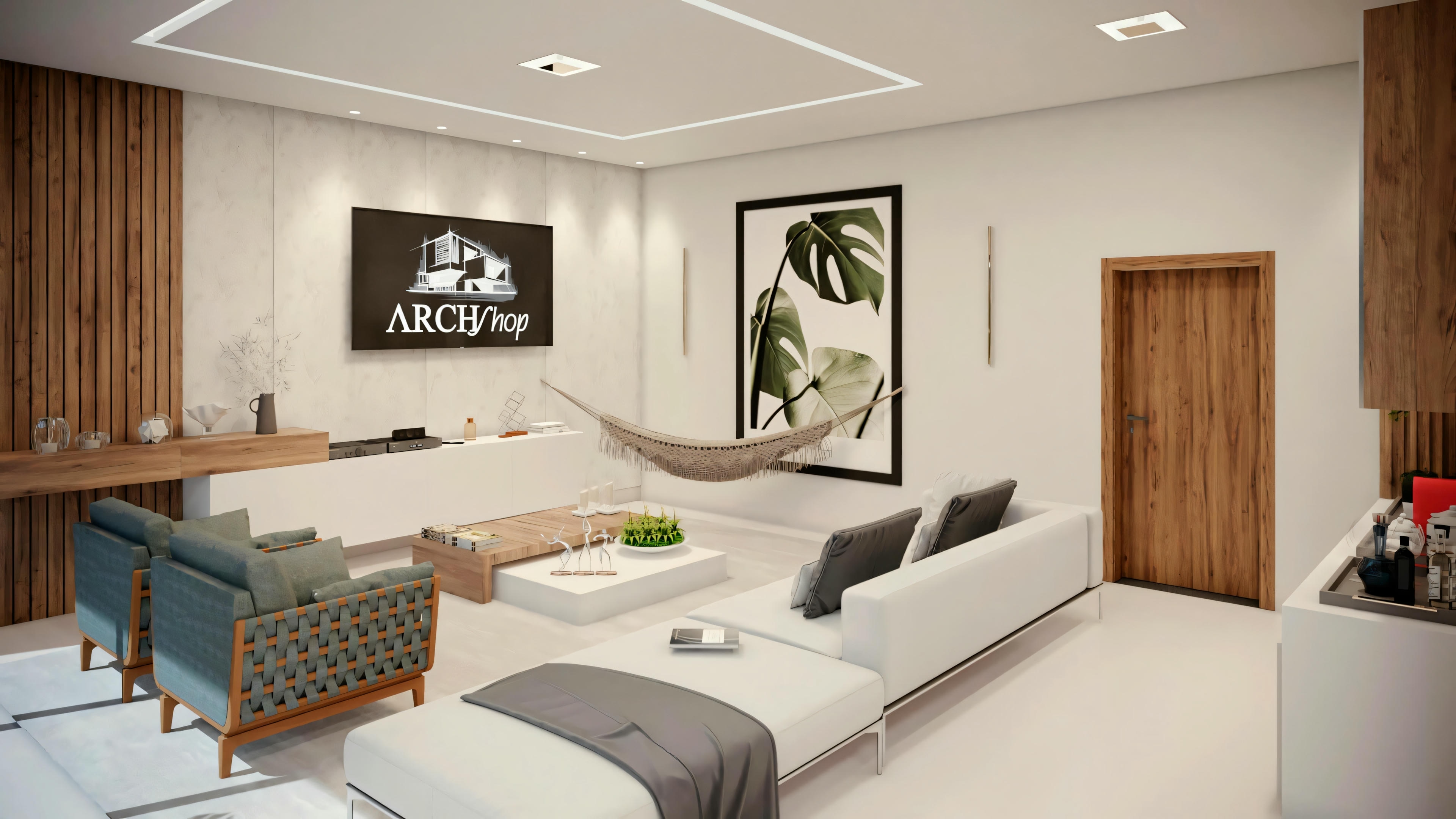 Un espacio interior moderno, probablemente un salón, con muebles contemporáneos. Hay un conjunto de sofás, una mesa de centro y una hamaca en el centro.