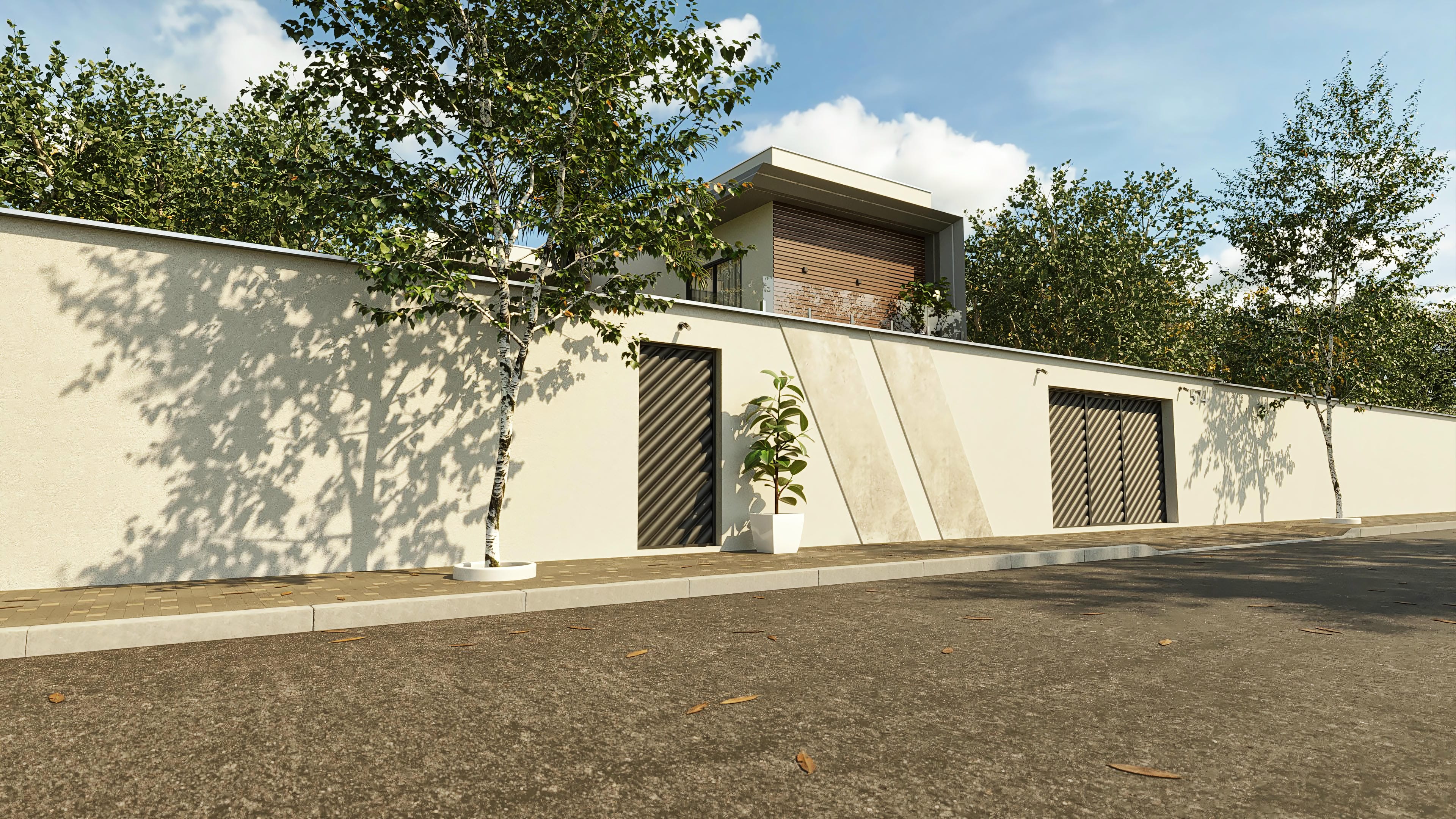 Fachada moderna de sobrado com 4 suítes, apresentando detalhes em madeira e uma elegante área gourmet com piscina.