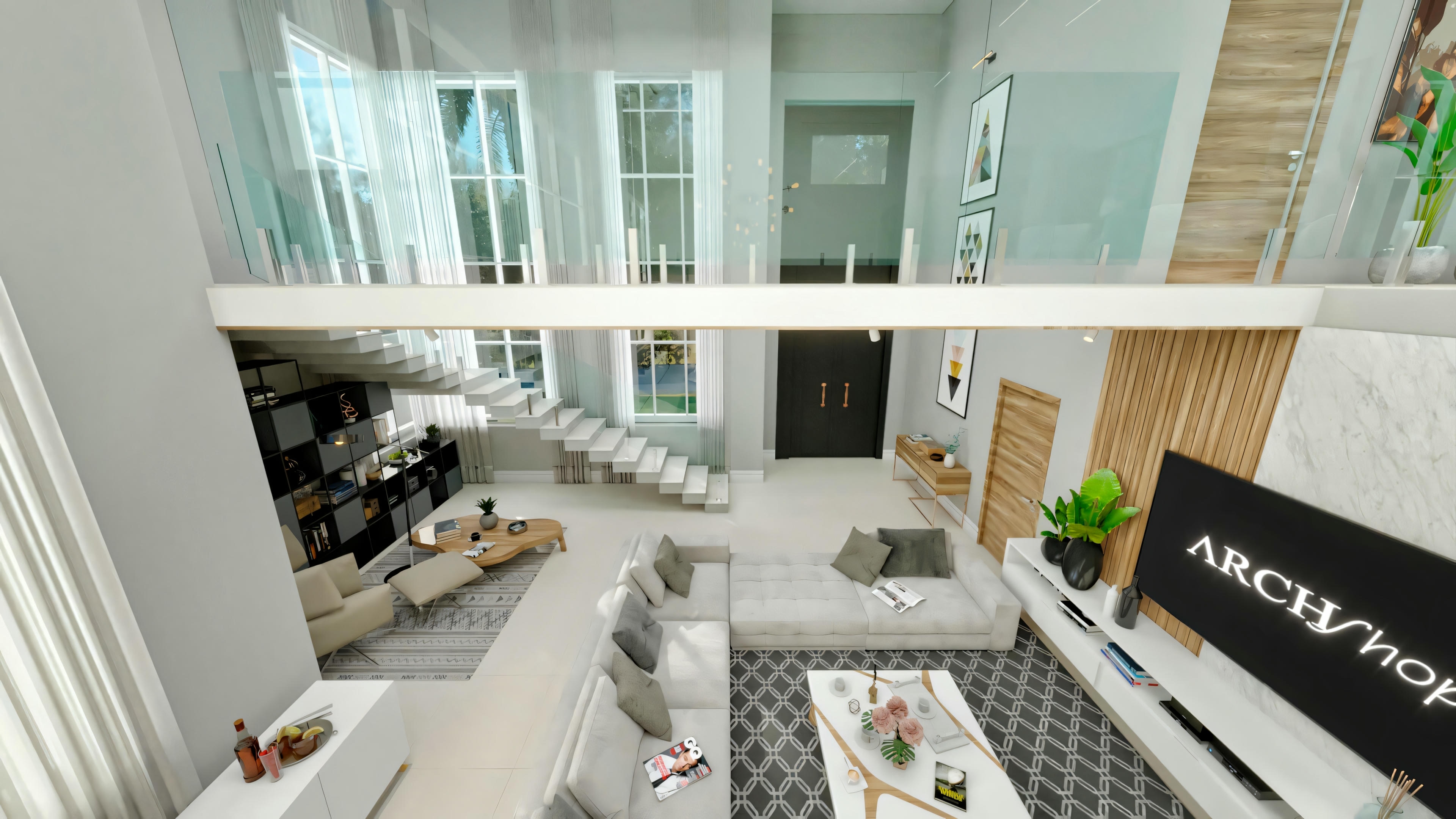 Top view of the living room with double-height ceiling in a modern neoclassical house, showing the room layout from the mezzanine with glass railing.