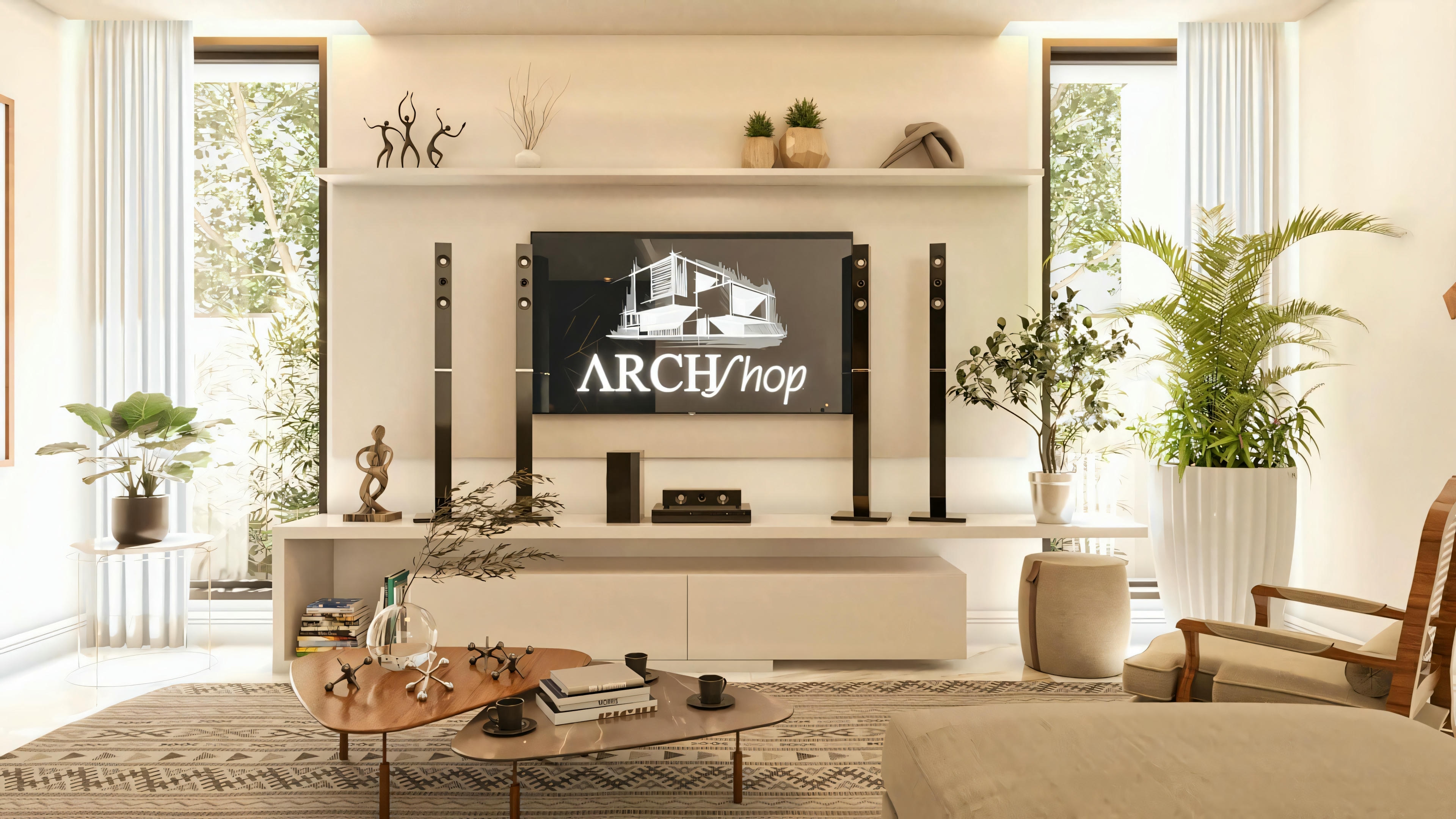 TV room of a 3-suite two-story house, equipped with a light planned TV panel for TV and home theater, shelves with decoration, large windows with curtains, patterned rug, and contemporary furniture.