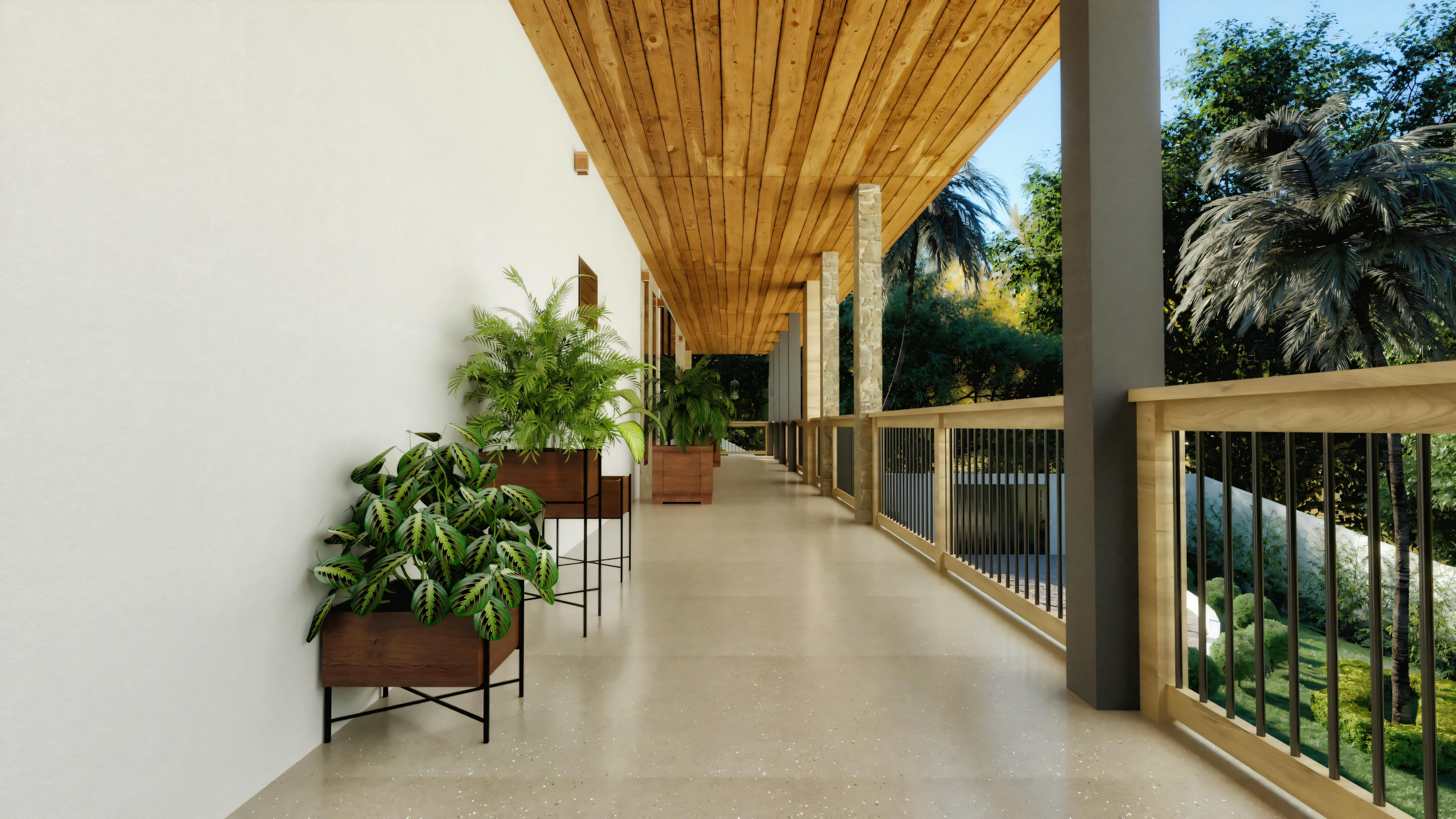 Varanda longa e espaçosa de casa de campo com teto de madeira, guarda-corpo e vasos de plantas decorativas.