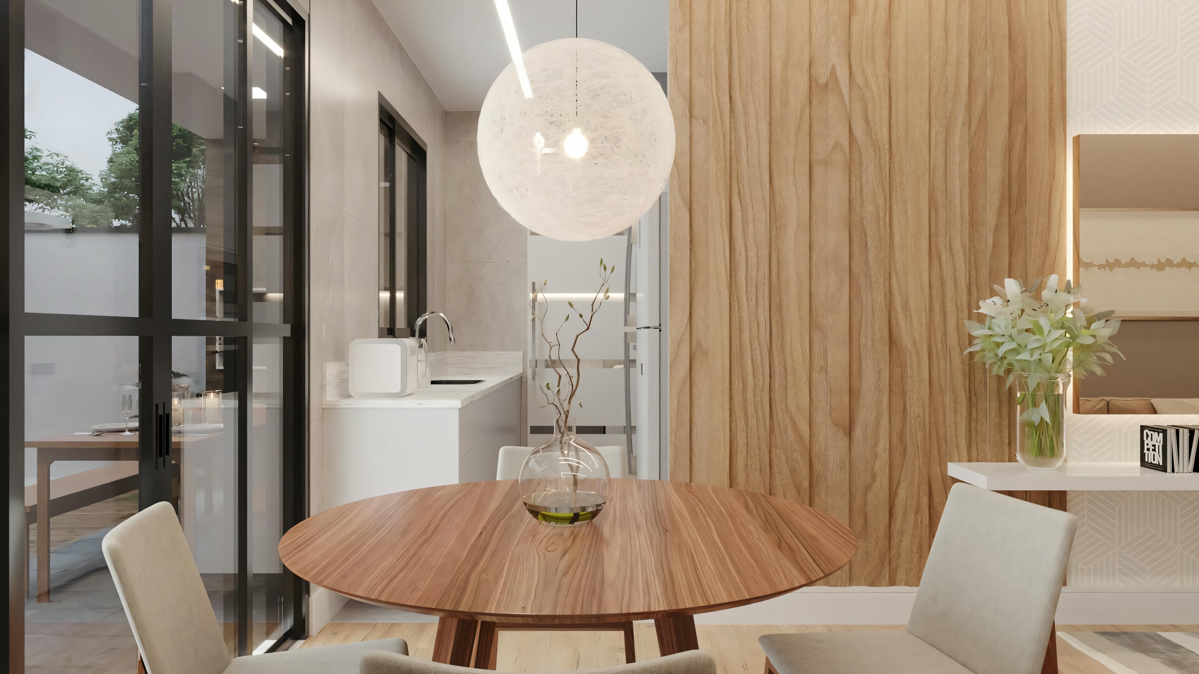 Área de comedor moderna con mesa redonda de madera, cuatro sillas y luminaria esférica suspendida.